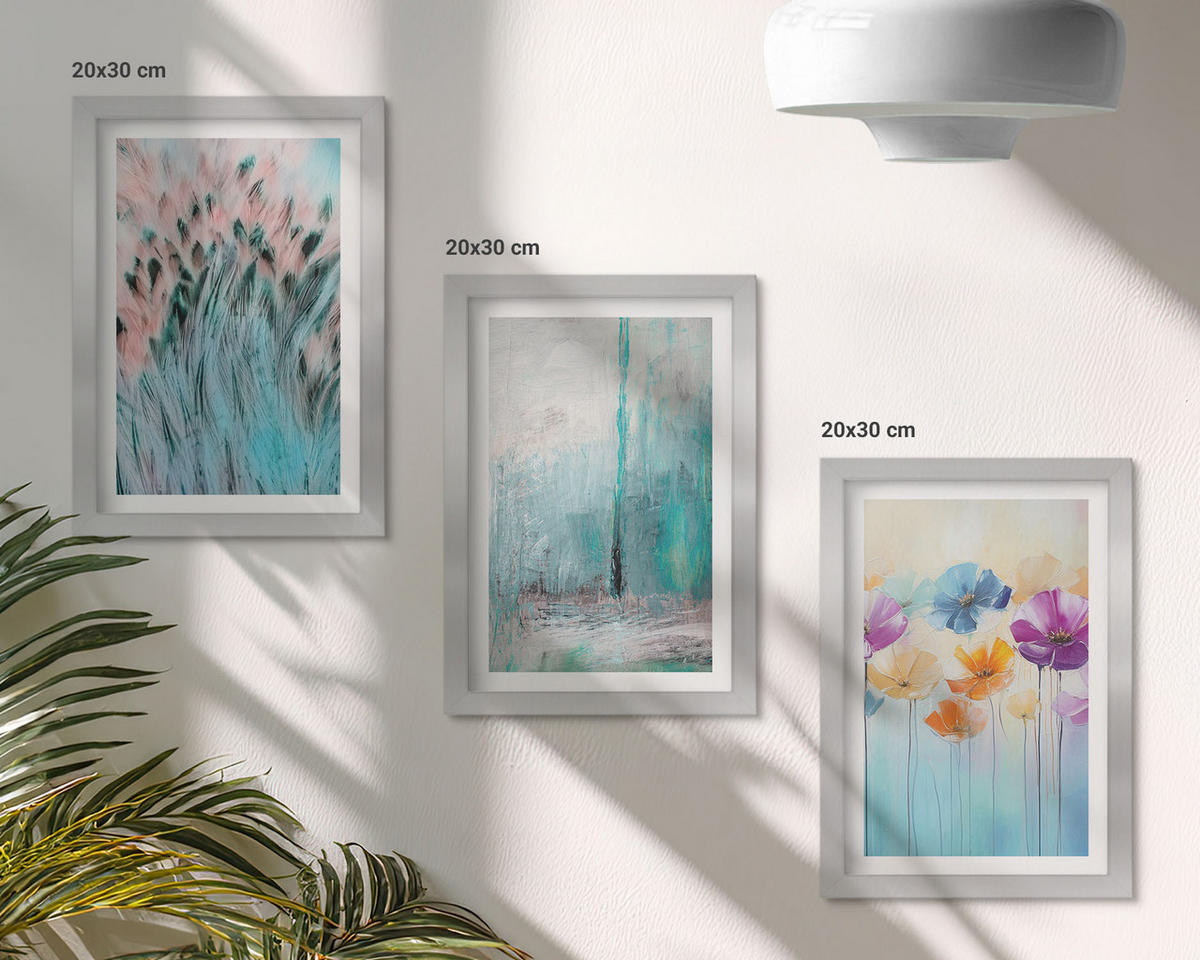 BILDER SET 3er Set - 20x30 cm Silberner Rahmen - Hintergrundmuster mit Pastellblumen - Silberfarben, Kunststoff (20/30cm) - TULUP