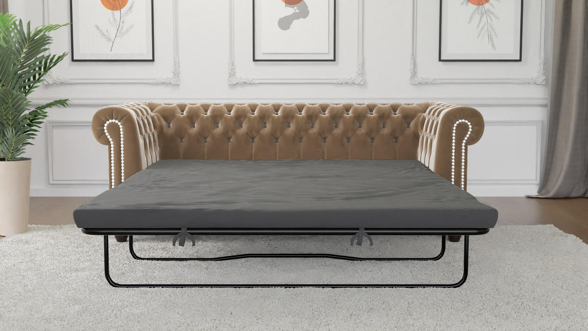 CHESTERFIELD-SOFA 3-Sitzer mit Schlaffunktion Nyx Beige Samt - Beige/Braun, Holz/Textil (203/28/86cm) - S-Style Möbel