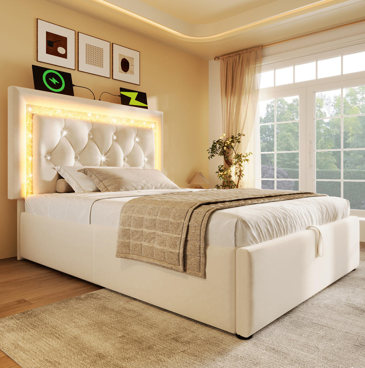 POLSTERBETT Samt 90x200 cm Beige mit LED-Beleuchtung, USB-/Type-C-Anschluss und Bettkasten - Beige, Textil (90/200cm) - IVMEU