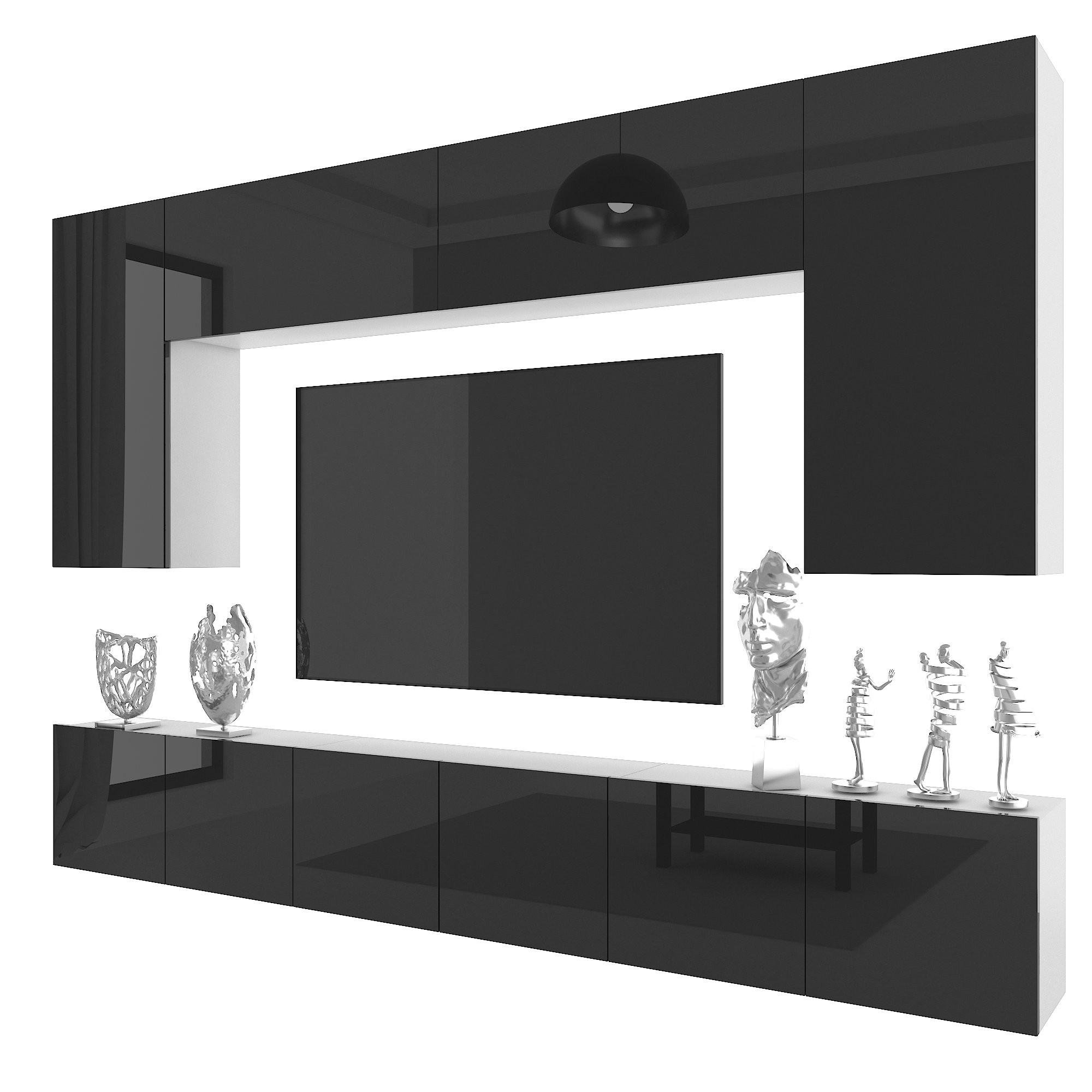 WOHNWAND Milano 2, Schwarz Hochglanz, 300 cm, Grifflos - Schwarz, Holz (300/155/36cm) - B BELINI GROUP