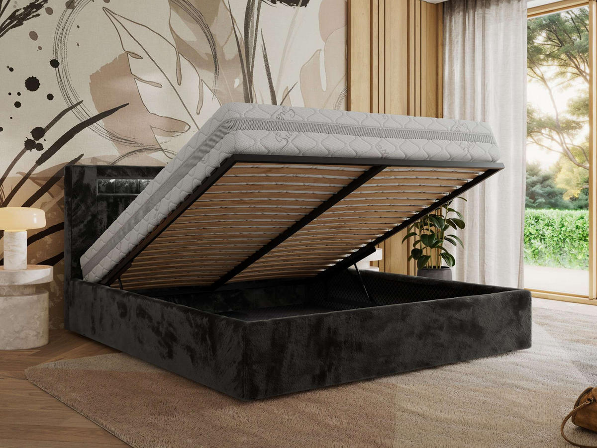 POLSTERBETT GOLD 5 CLASSIC 140/200 - Dunkelgrau Plüsch - Schaum-Matratze - Dunkelgrau, Textil (140/200cm) - MKS