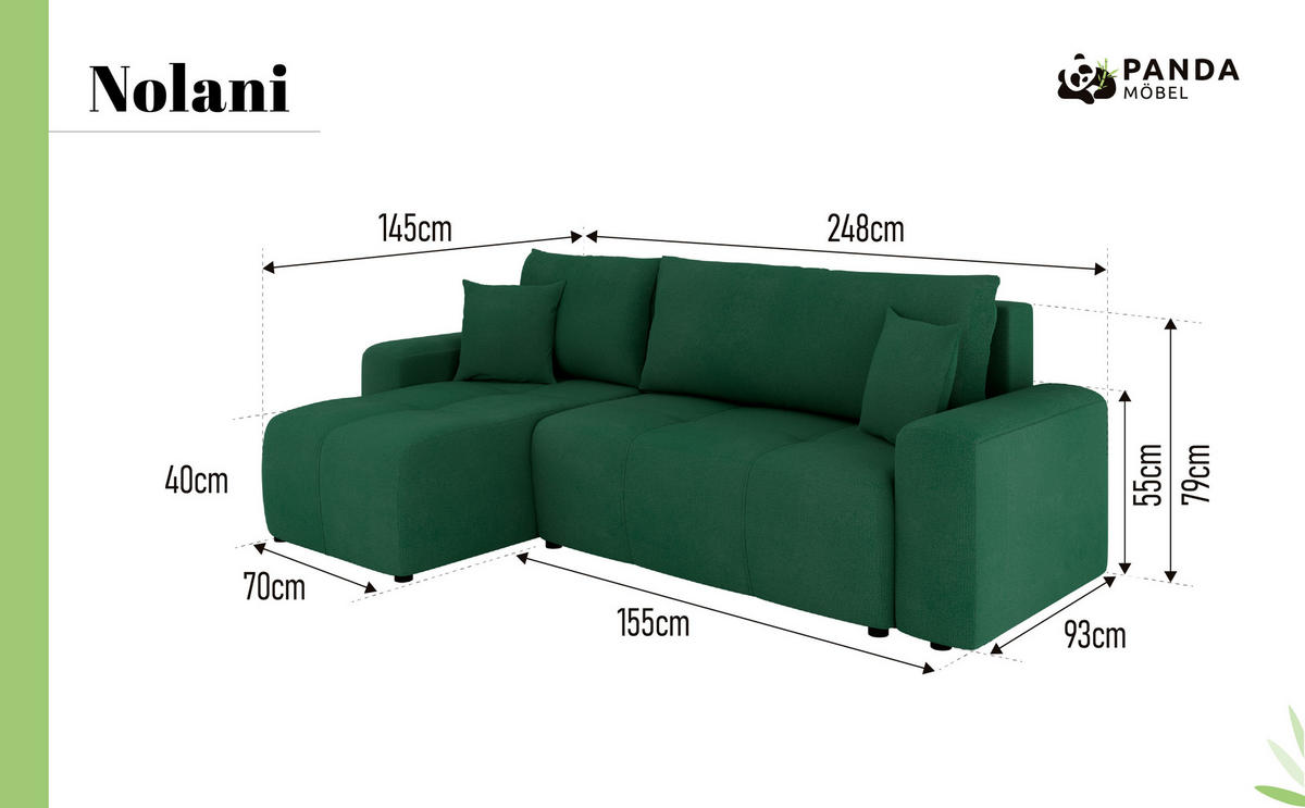 ECKSOFA Nolani mit Schlaffunktion & Bettkasten – Modern & Bequem - Smaragdgrün, Kunststoff (248/145cm) - Panda Möbel