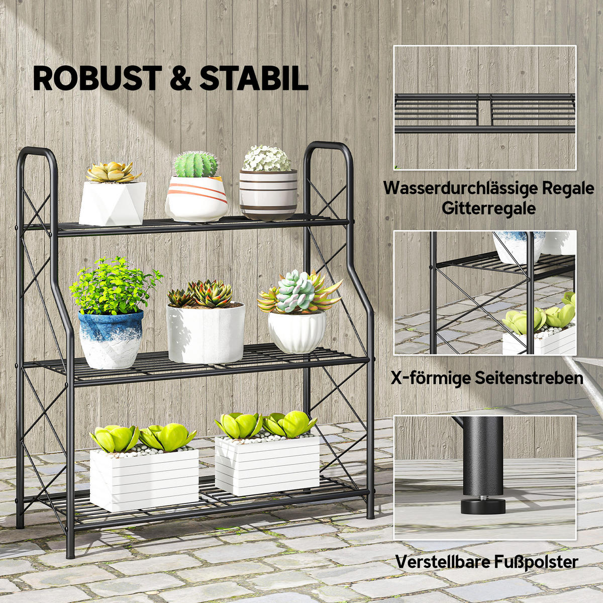 PFLANZENSTÄNDER 3 Etagen aus Metall Schwarz - Schwarz, Metall (28.5/78/69cm) - Outsunny