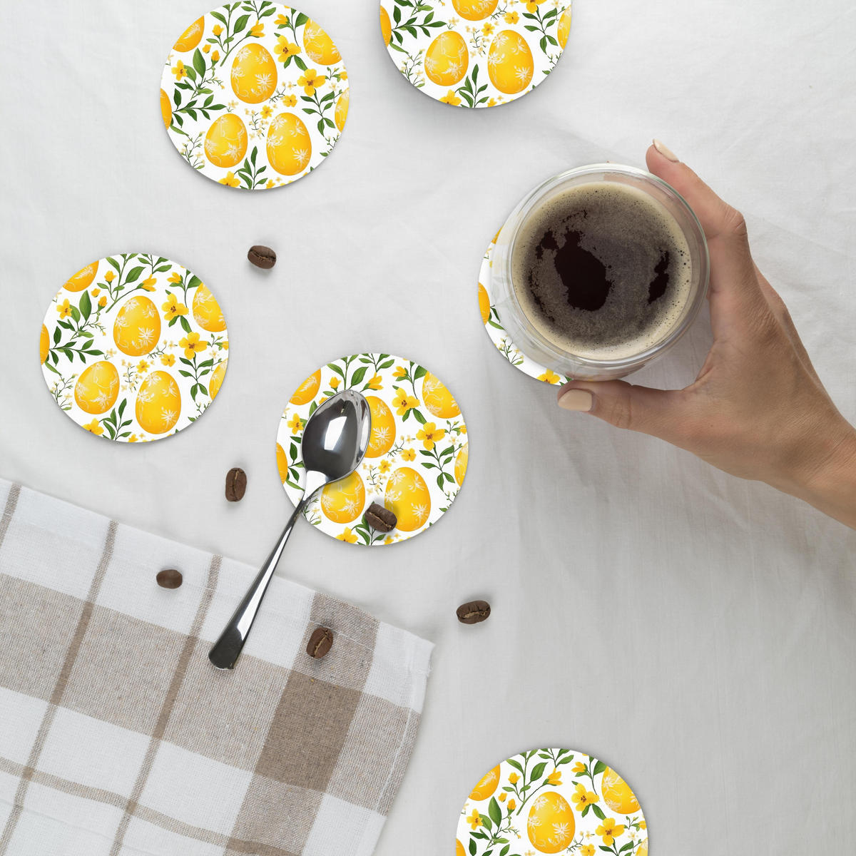 GLASUNTERSETZER Blumen - Ostereier - Gelb 10x10 cm - Gelb, Naturmaterialien (10/0.2cm) - MuchoWow