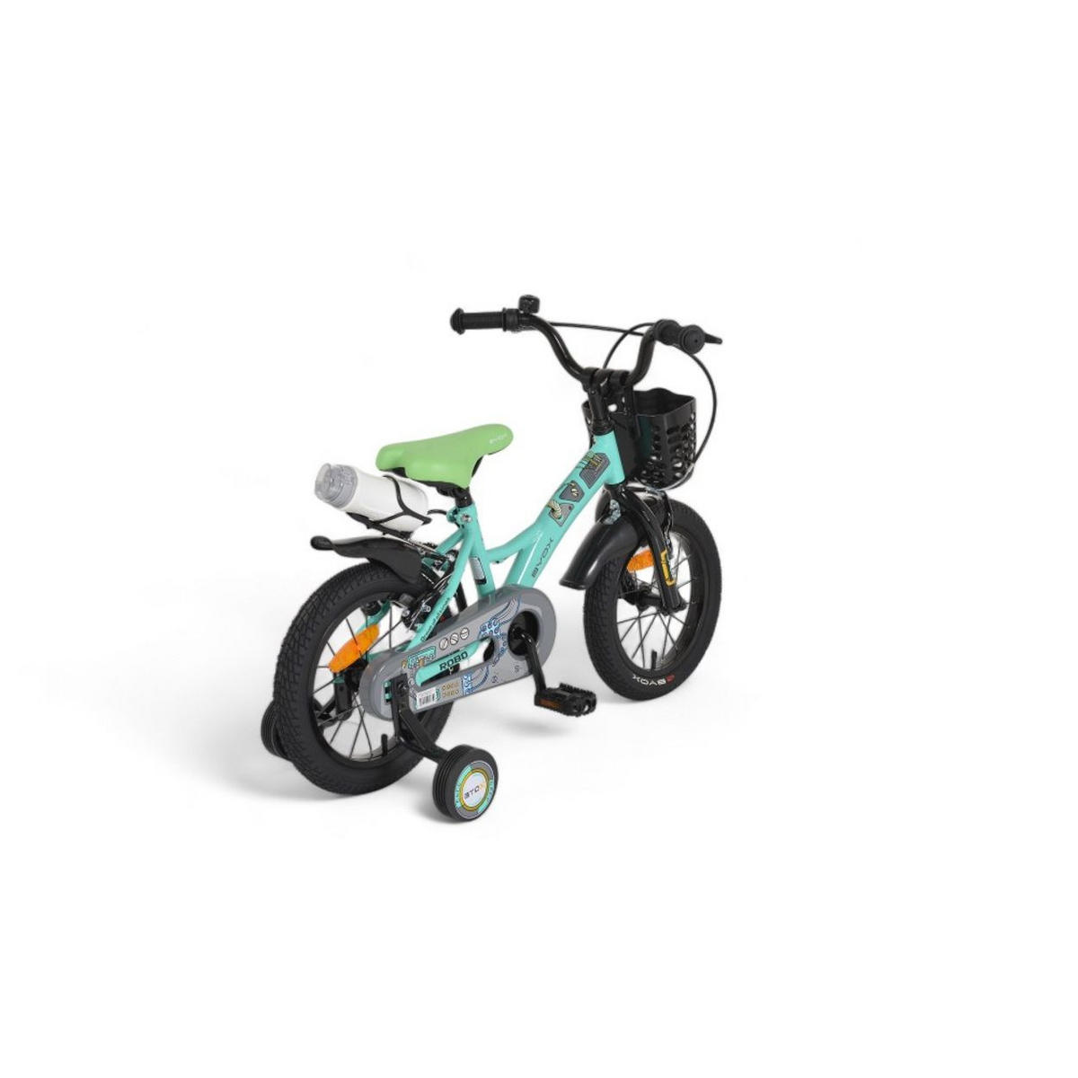 KINDERFAHRRAD Robo 14 Zoll türkis Frontkorb, Getränkehalter, Stützräder, Kettenschutz, Flaschenhalter - Türkis, Metall (65cm)