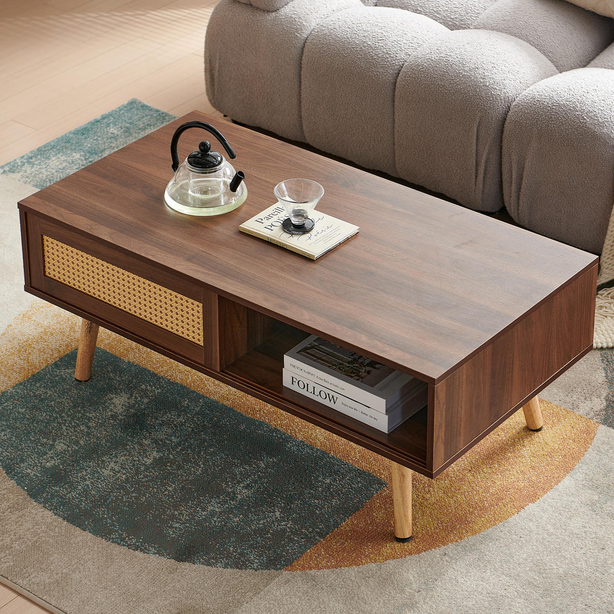 COUCHTISCH 105/55/40 cm, Walnuss, mit Rattanfront und Schiebetür - Braun/Naturfarben, Holzwerkstoff (55/105/40cm) - CHICFURN