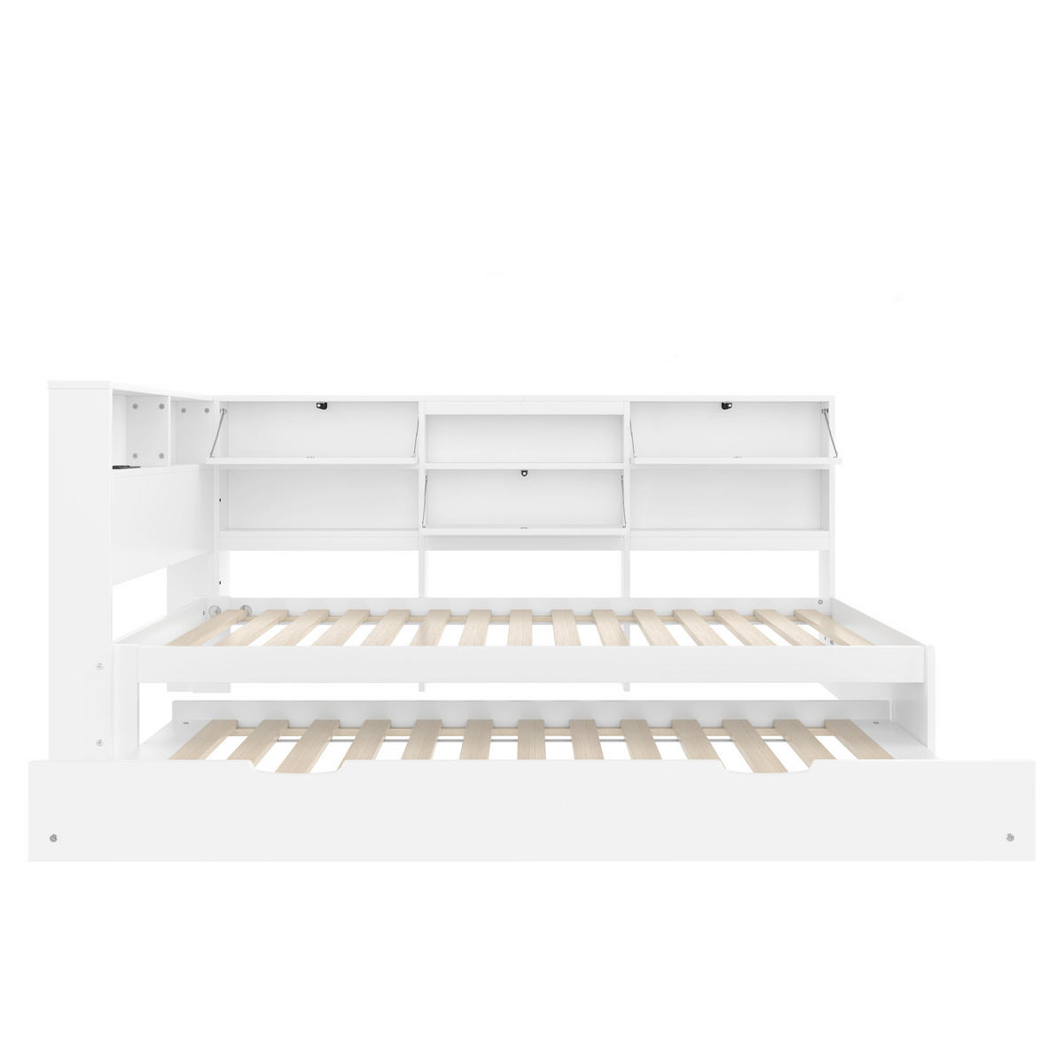 POLSTERBETT 90/200 cm mit Ausziehbett, Kopfteil mit Stauraum und USB-/Typ-C-Anschluss, Weiß - Weiß, Holz (90/200cm) - Redom