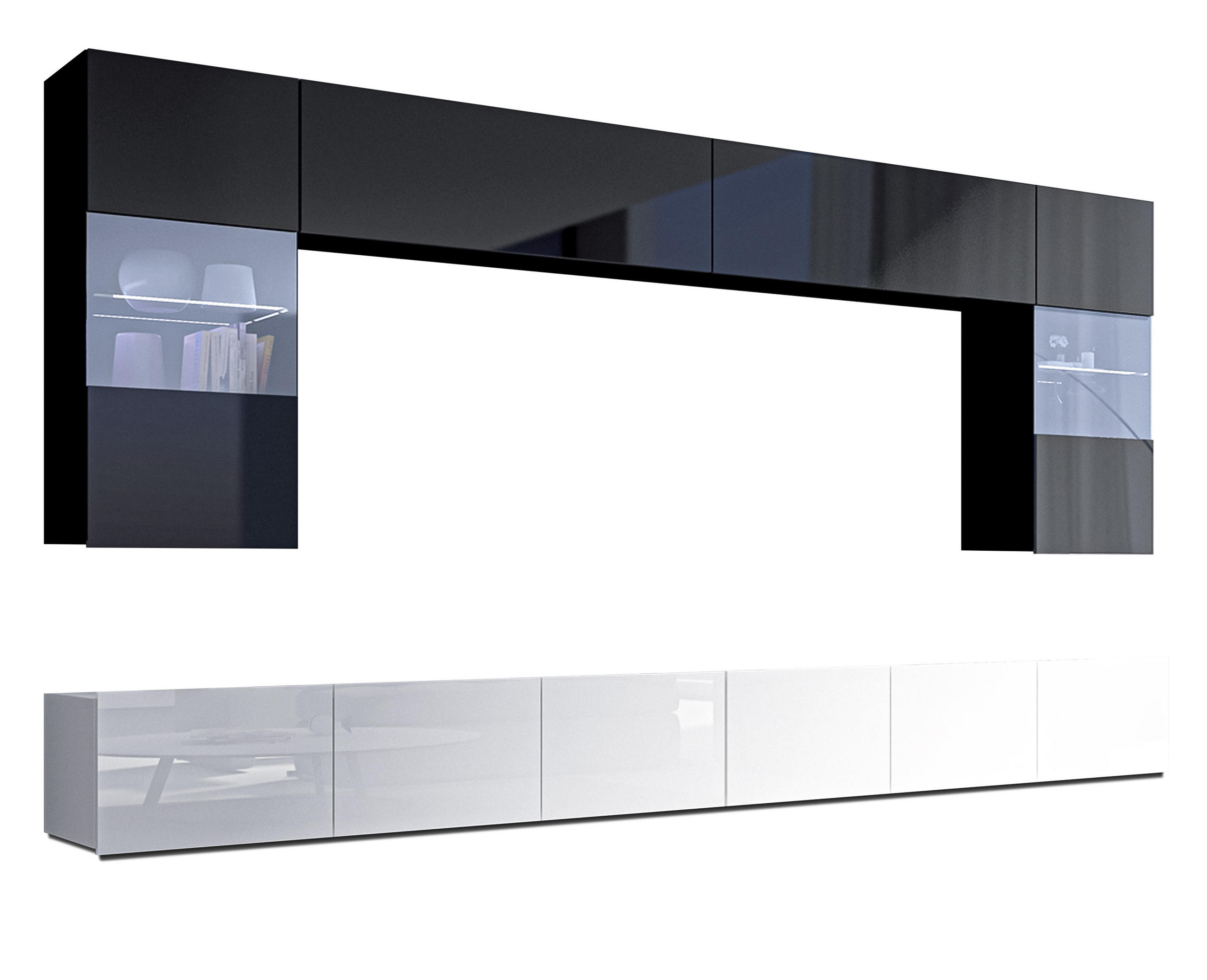 WOHNWAND Kossana 1 Modern Schwarz, Weiß 300/154/43 cm Stilvoll - Schwarz/Weiß, Holzwerkstoff/Kunststoff (300/154/43cm) - AX Living