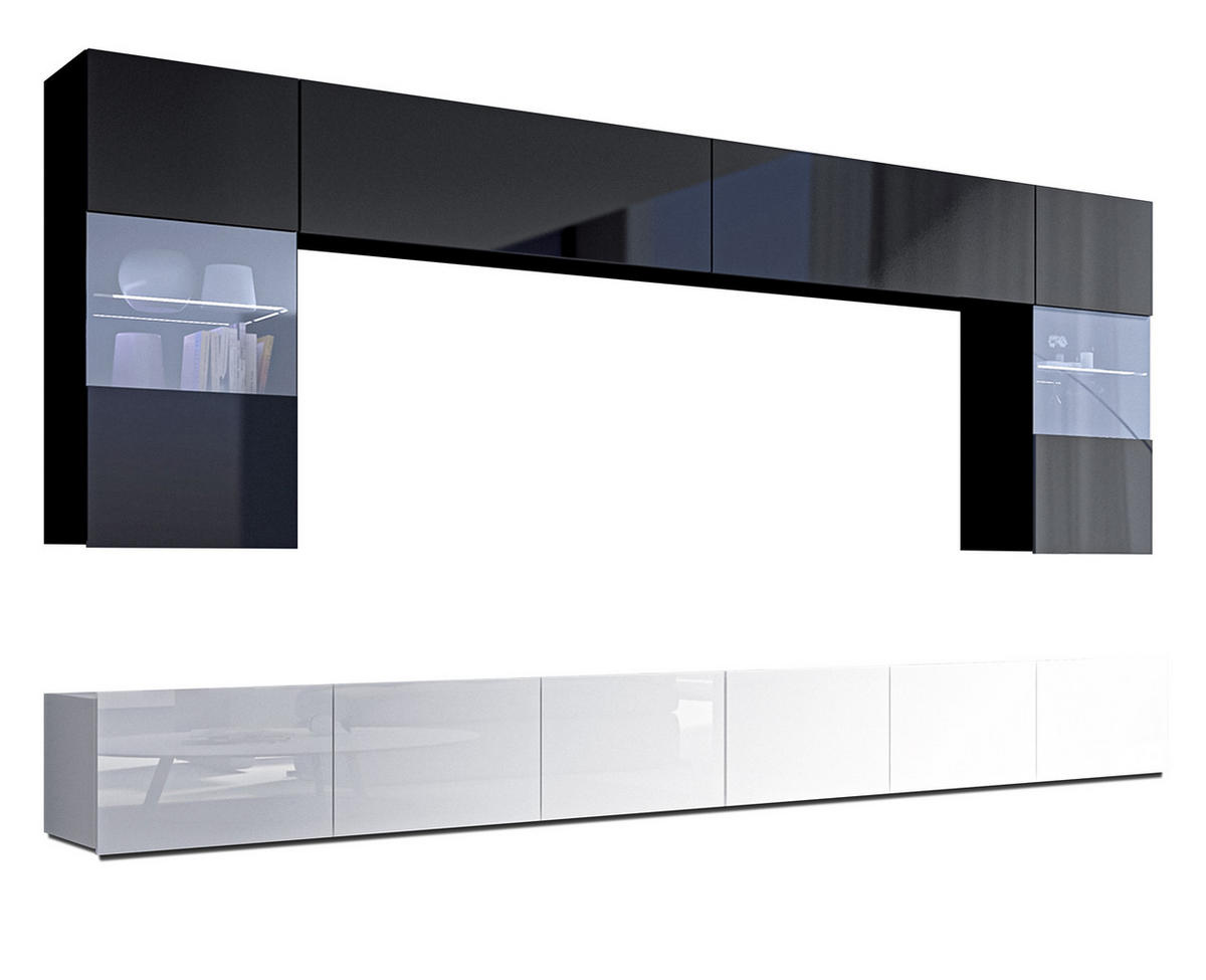 WOHNWAND Kossana 1 Modern Schwarz, Weiß 300/154/43 cm Stilvoll - Schwarz/Weiß, Holzwerkstoff/Kunststoff (300/154/43cm) - AX Living