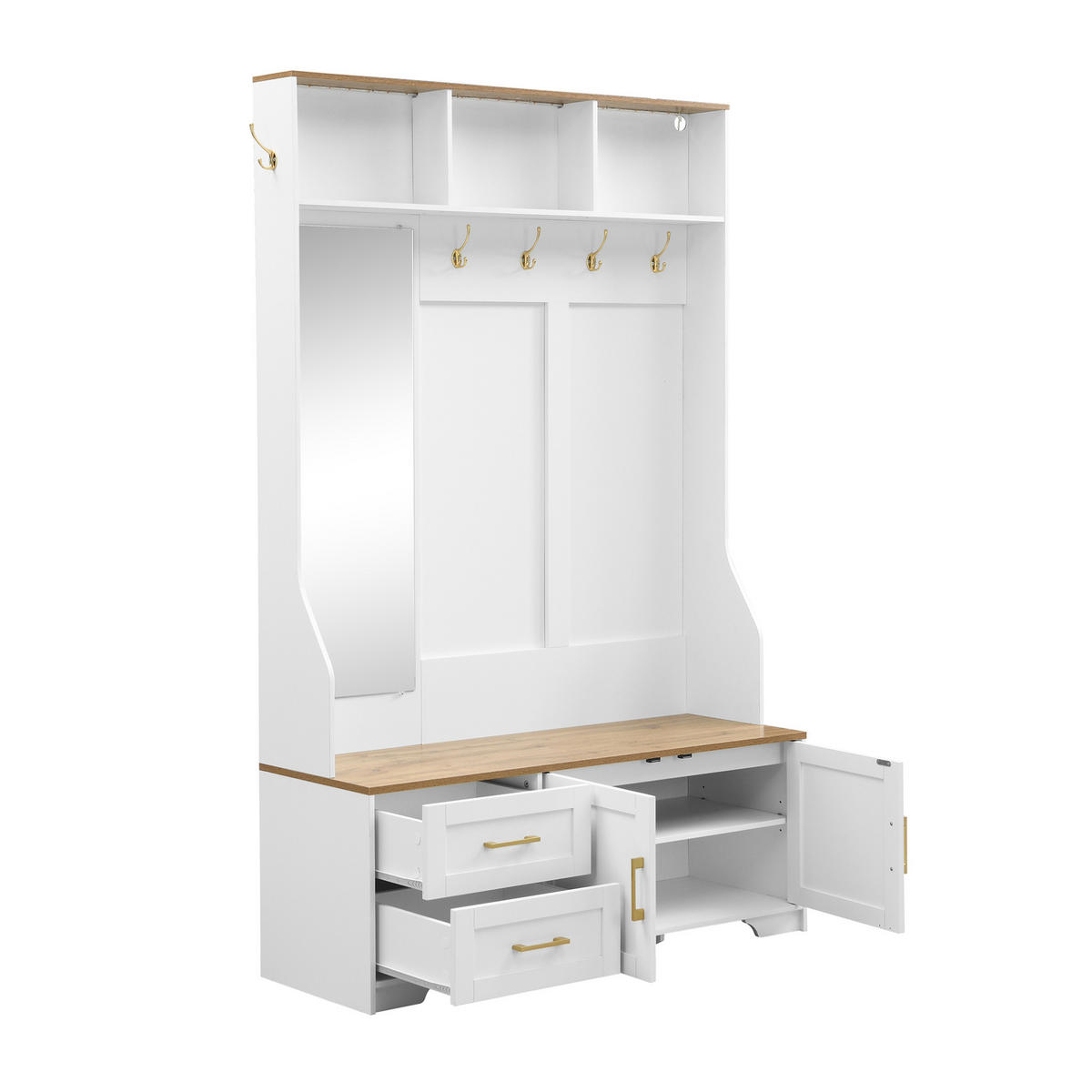 DIELENGARDEROBE 120/40/187 cm mit Spiegel, Sitzbank und LED in Weiß/Holzfarbe - Weiß, Holzwerkstoff (40/187/120cm) - BEAOK