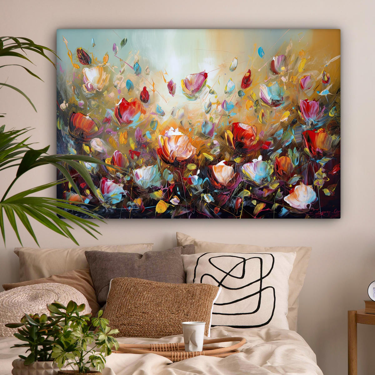 LEINWANDBILD Blumen - Kunst - Natur - Ölgemälde Wohnzimmer Groß 120x80 cm - Multicolor, Textil (120/80cm) - MuchoWow