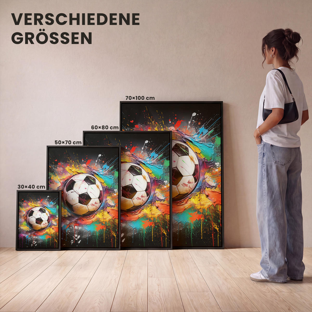 LEINWAND Bilder mit Rahmen - Fußball - Farbe - Farben - Schwarz - Weiß - 60x80 - Weiß, Textil (60/80cm) - MuchoWow