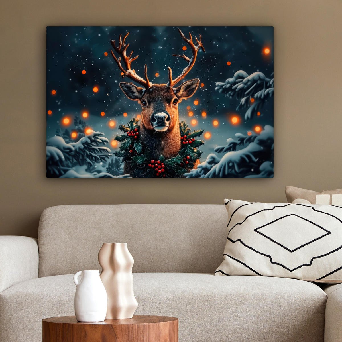 LEINWANDBILD Hirsch - Weihnachten - Winter - Schnee - Weihnachtskranz Gemälde 60x40 cm - Dunkelbraun, Textil (60/40cm) - MuchoWow