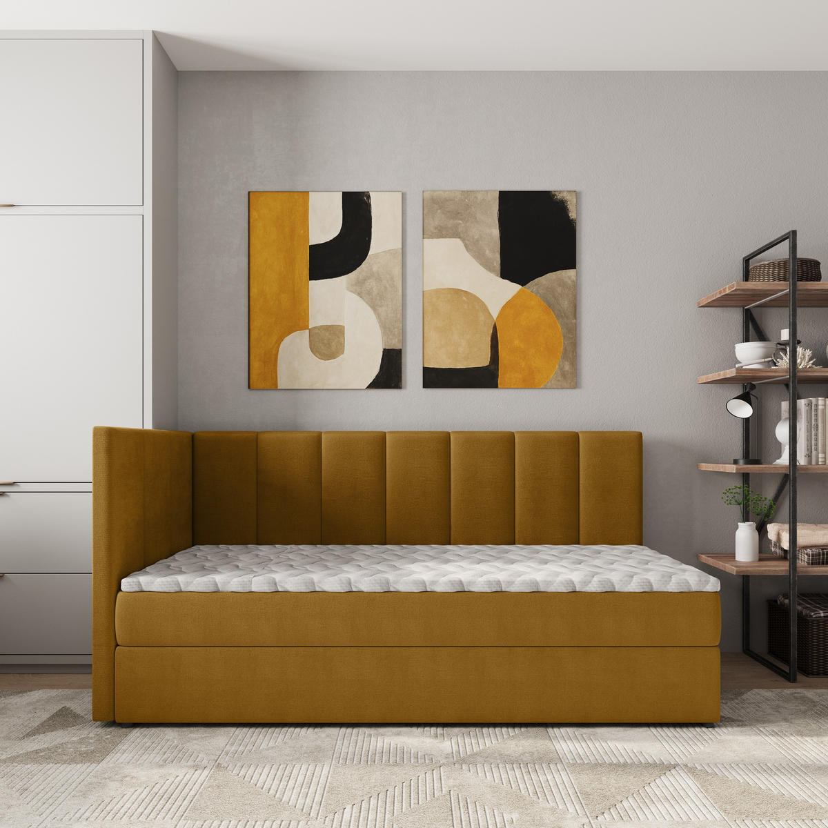 BOXBETT BEVE 100x200 cm mit Matratze und Topper, H2+H3 - Gelb - Gelb, Holz (100/200cm) - MASSENO