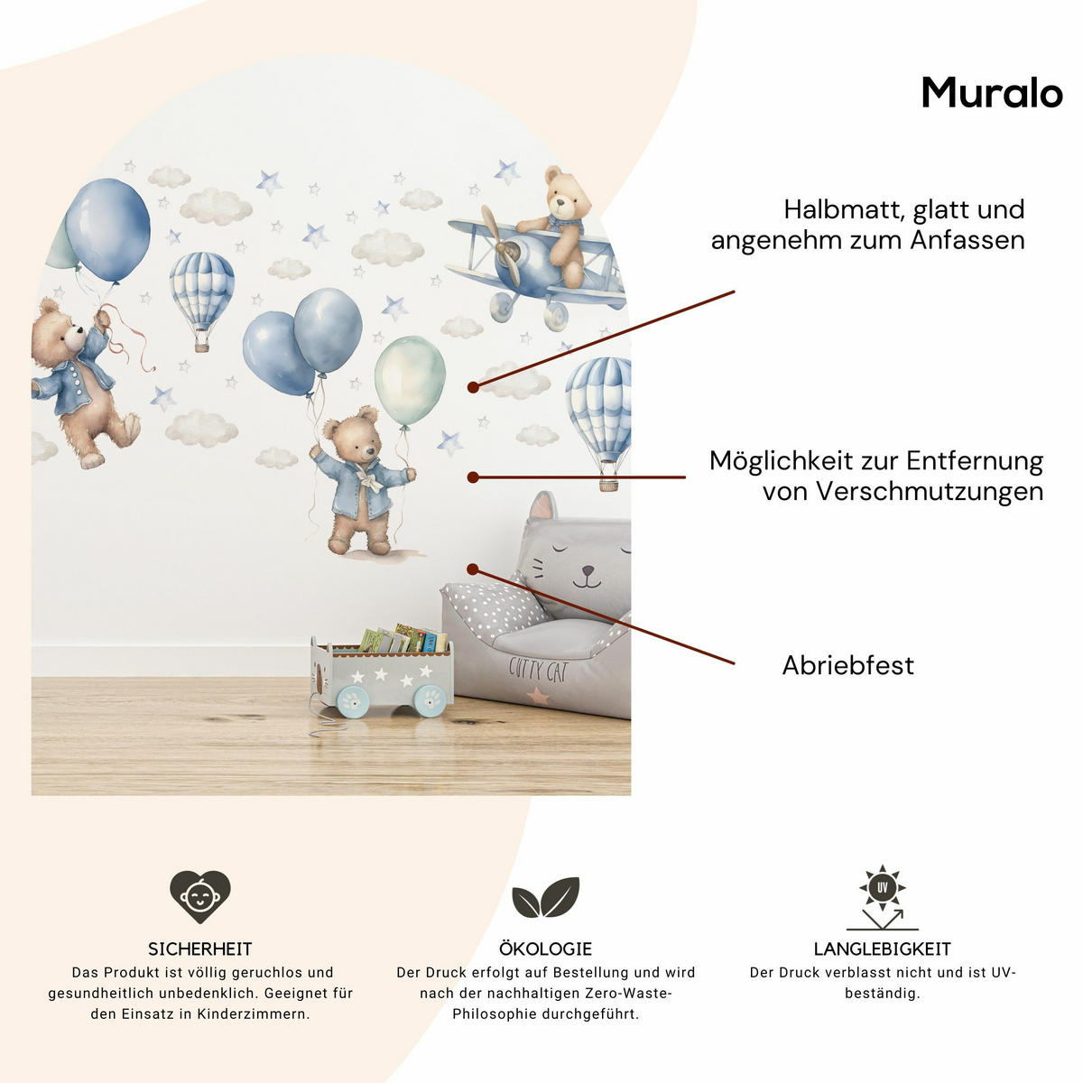 WANDSTICKER Bären Ballons 120x60 - Blau/Beige, Papier (120/60/60cm) - Muralo