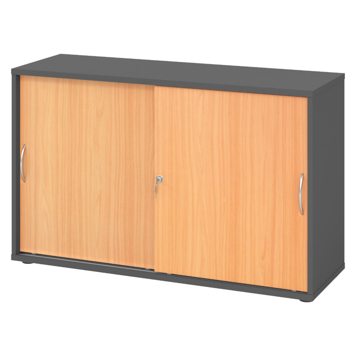 SCHIEBETÜRENSCHRANK - 2 Ordnerhöhen 40/120/74,8 cm in Graphitfarben/Buchefarben Bogengriff (Metall) - Buchefarben/Graphitfarben, Holzwerkstoff (120/74.8/40cm) - bümö