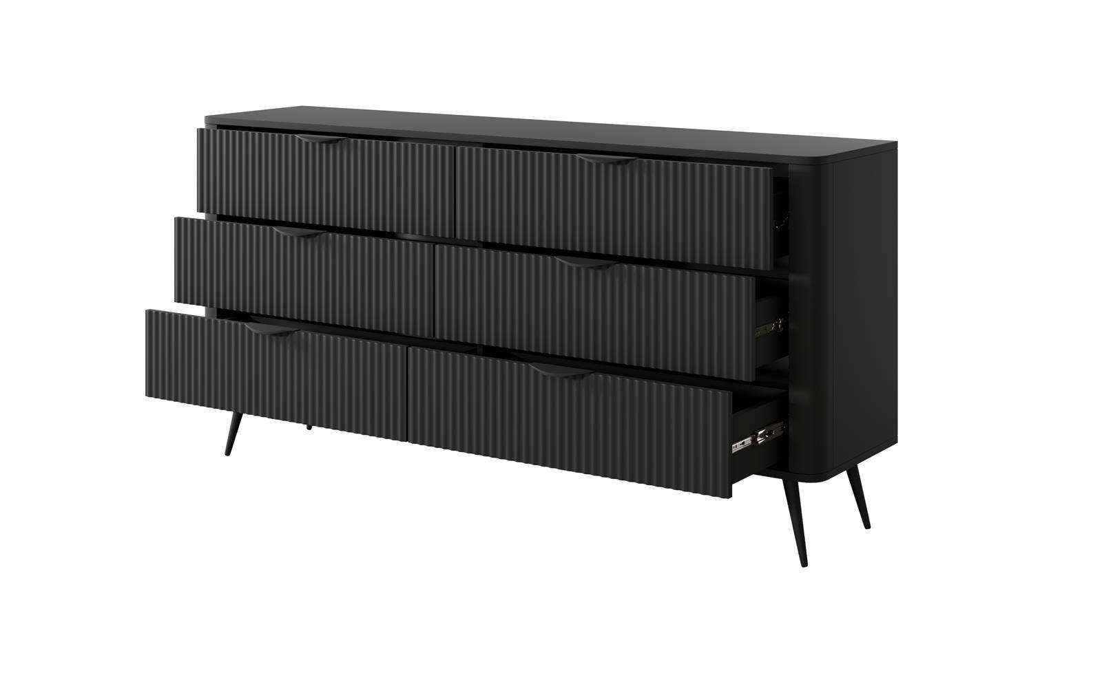 KOMMODE Lante, Schwarz, Breit, Sechs Schubladen, Geriffelte Fronten - Schwarz, Holzwerkstoff (163/81/38cm) - Bettso