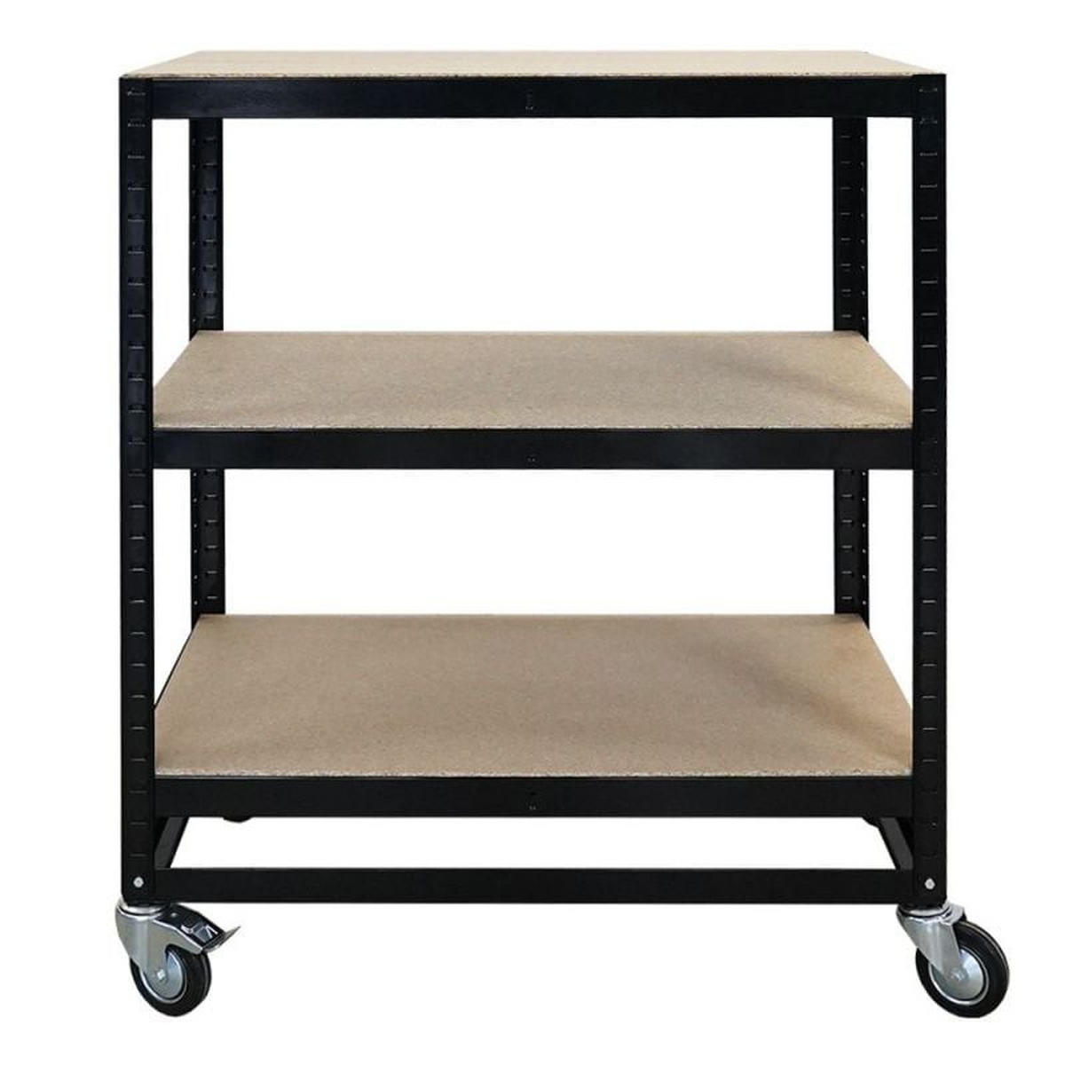 KOMMISSIONIERWAGEN BÜFFEL, 100x90x50cm, 3 Ebenen, Fachlast 50kg, 2X Lenkrollen & 2X Lenkrollen mit Feststellbremse, Schwarz - Schwarz, Metall (90/100/50cm) - PROREGAL