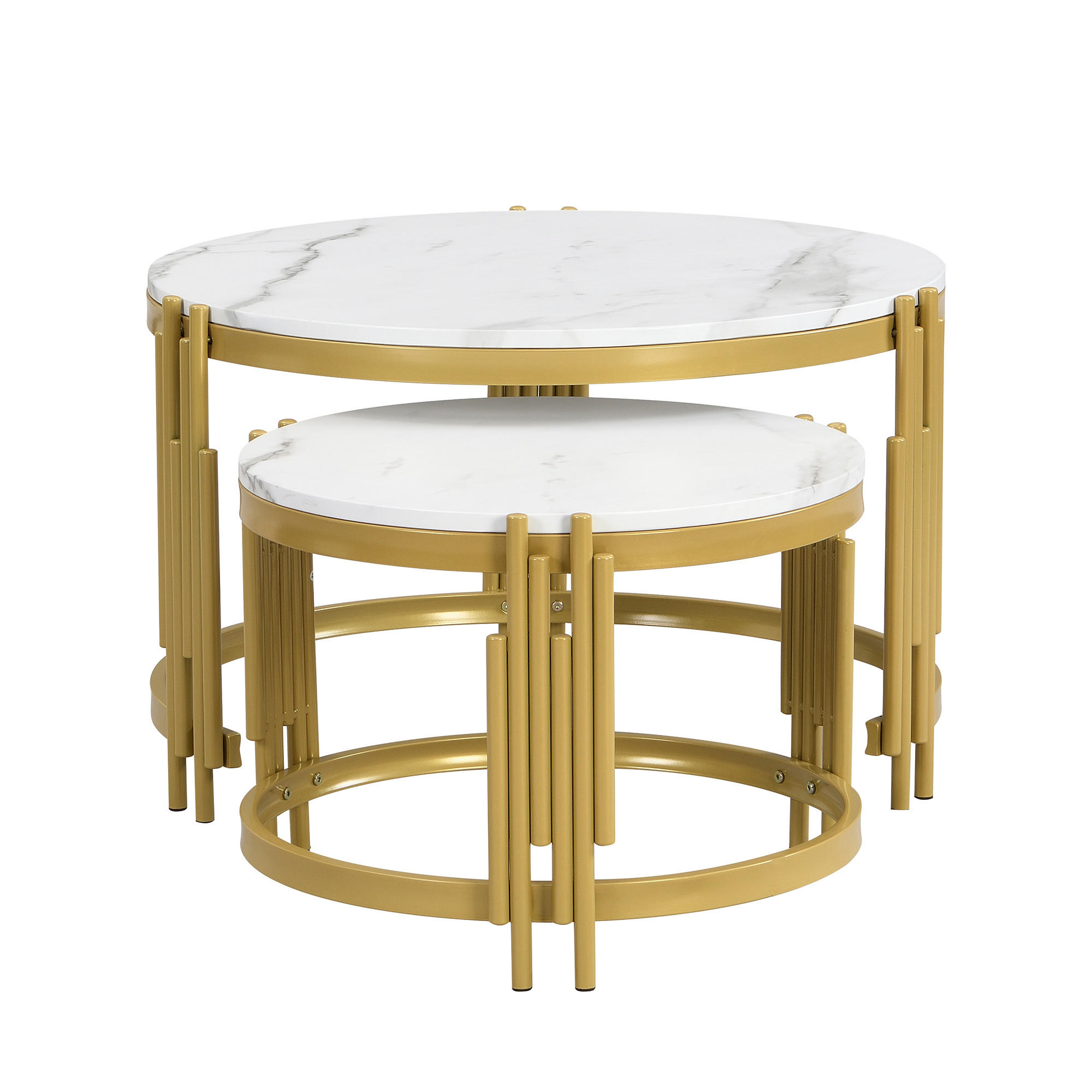 COUCHTISCH Weiß und Messing 2er-Set Rund Marmoroptik - Messingfarben, Holzwerkstoff (71.5/71.5/44cm) - PANGIVO