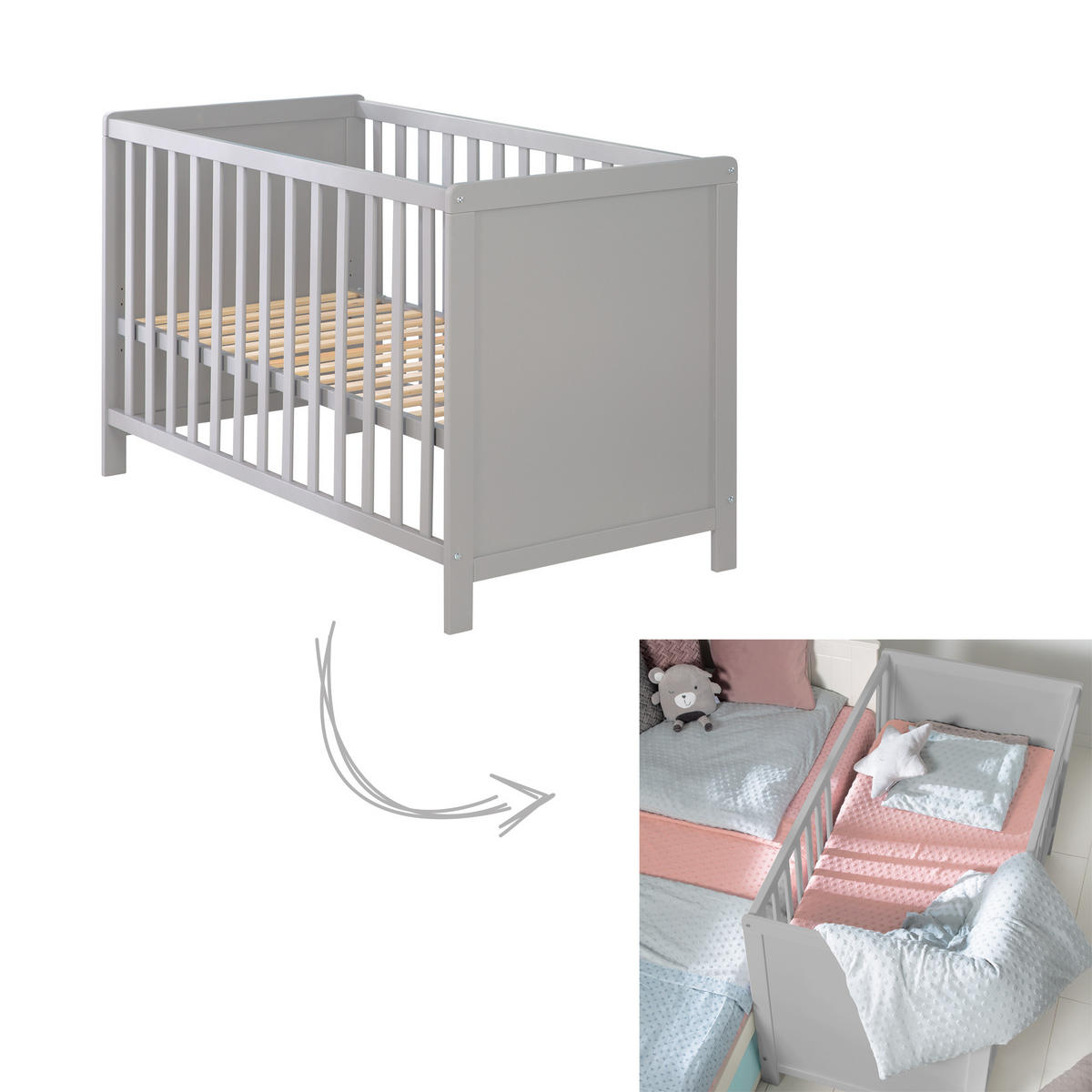 BABY- & BEISTELLBETT mit Matratze 'safe asleep®' - Taupe, Holzwerkstoff (60/120cm) - Roba