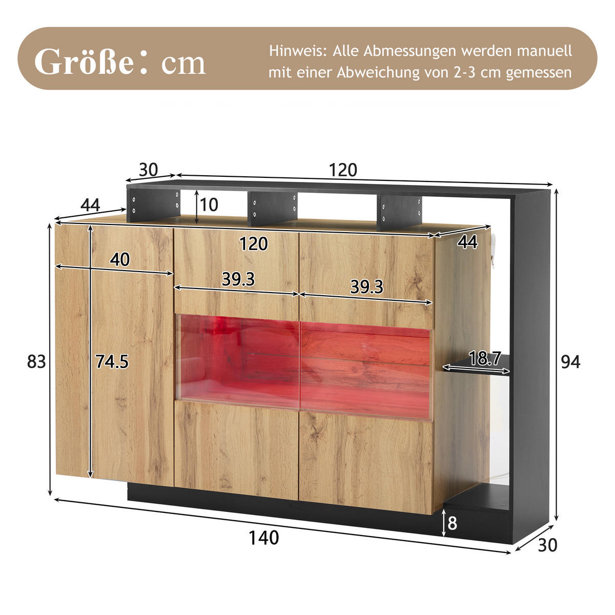 SIDEBOARD LED Holz MDF Bluetooth Modern Esszimmer Stauraum - Naturfarben, Holzwerkstoff (44/93.5/140cm) - FLIEKS