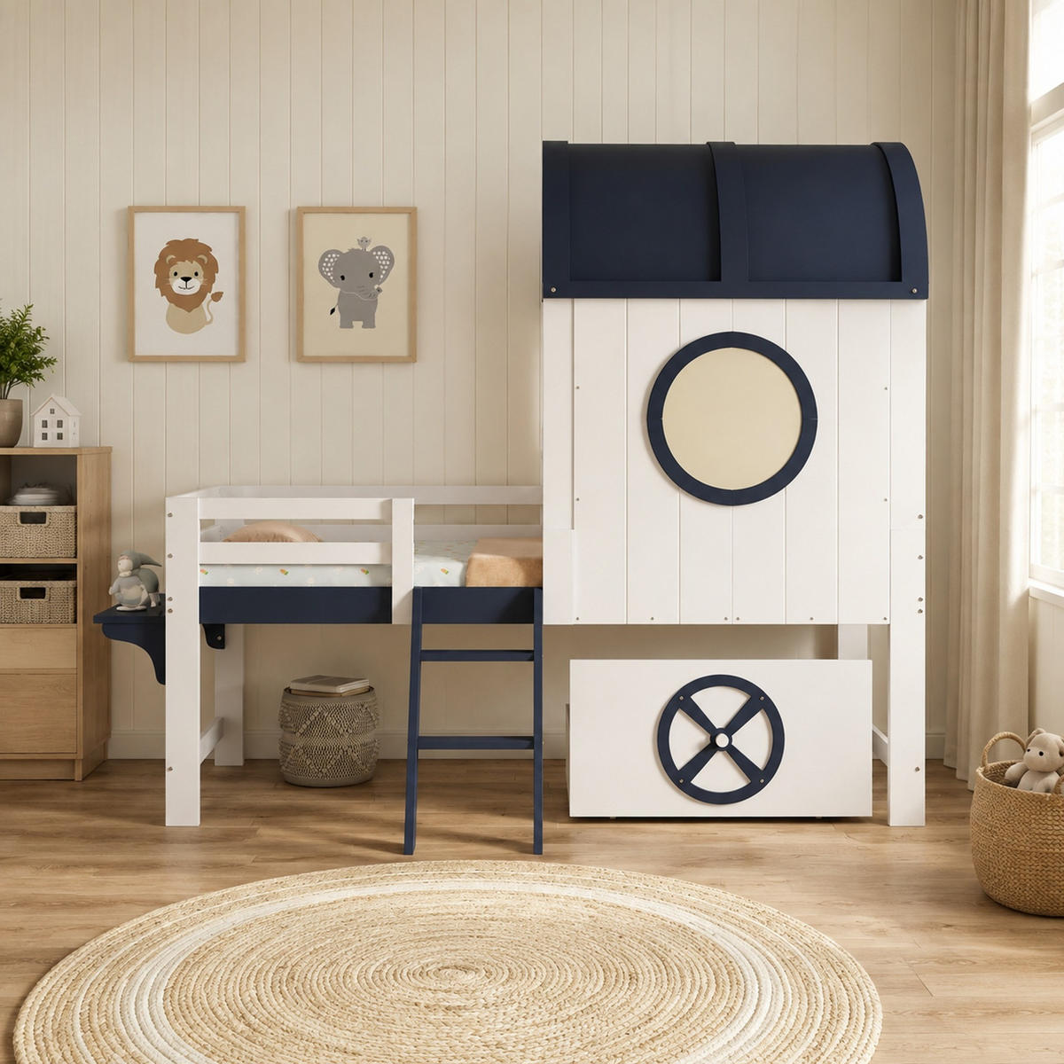 HAUSBETT 90/200 mit Dach, Schublade und Schrägleiter in Weiß und Dunkelblau - Blau/Weiß, Holzwerkstoff (90/200cm) - EVRYAE
