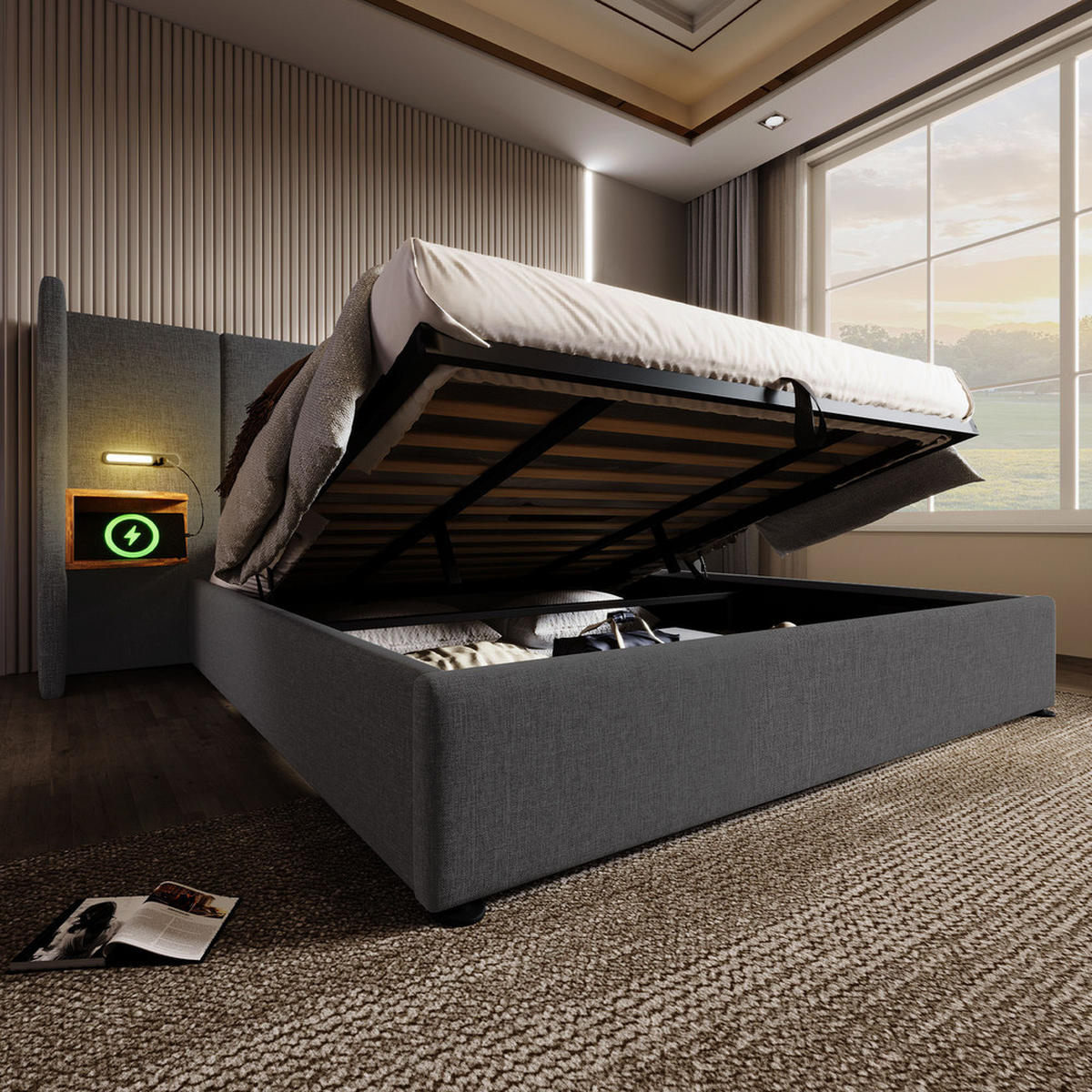 POLSTERBETT 180x200cm Doppelbett mit Nachttisch Leselampe & USB-C Grau - Grau, Holz - FLIEKS