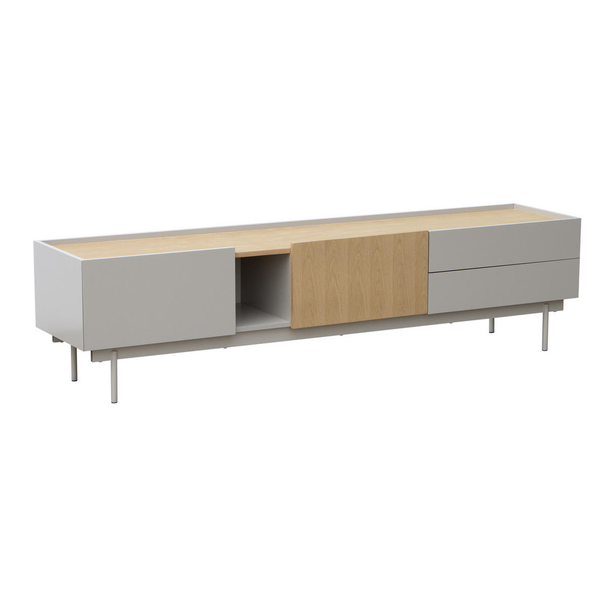 TV-LOWBOARD - Echtholzfurnier - Hellgrau / Eiche - Eichefarben/Hellgrau, Holzwerkstoff/Metall (180/45/40cm) - home24