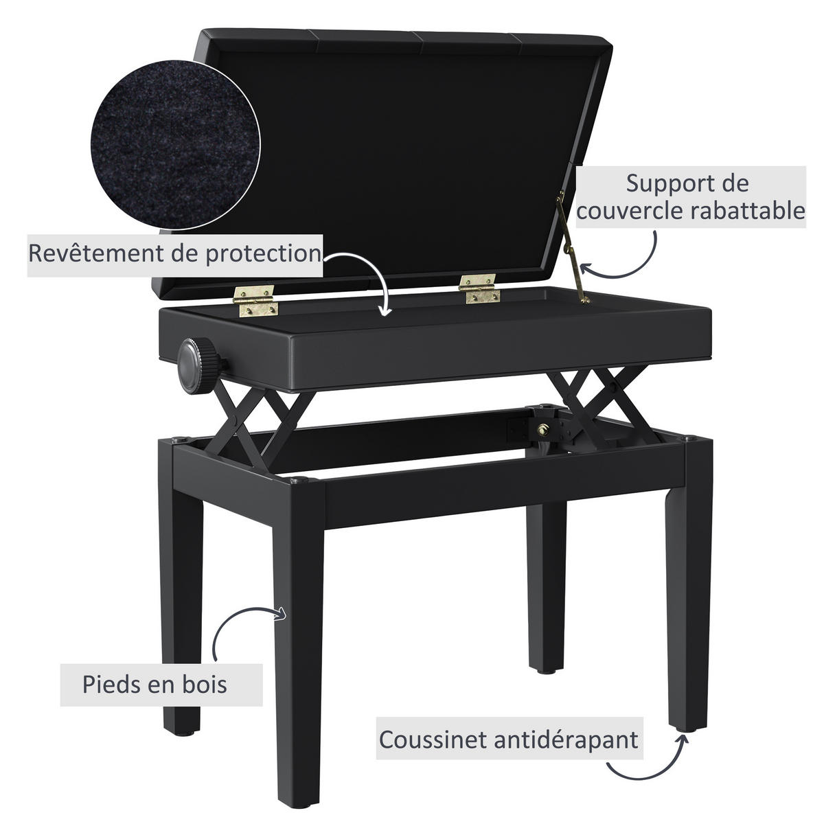 HOCKER DE-16364 höhenverstellbar mit verstecktem Fach Schwarz - Schwarz, Holzwerkstoff (33/58/545cm) - ComfortXL