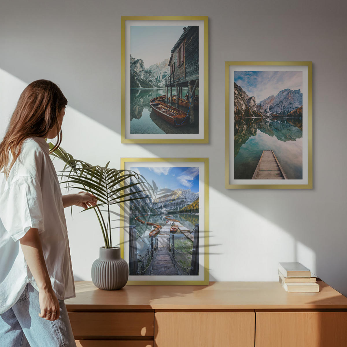 BILDER SET 3er Set - 40x60 cm Goldrahmen - See Berge Holzboote - Goldfarben, Kunststoff (40/60cm) - TULUP
