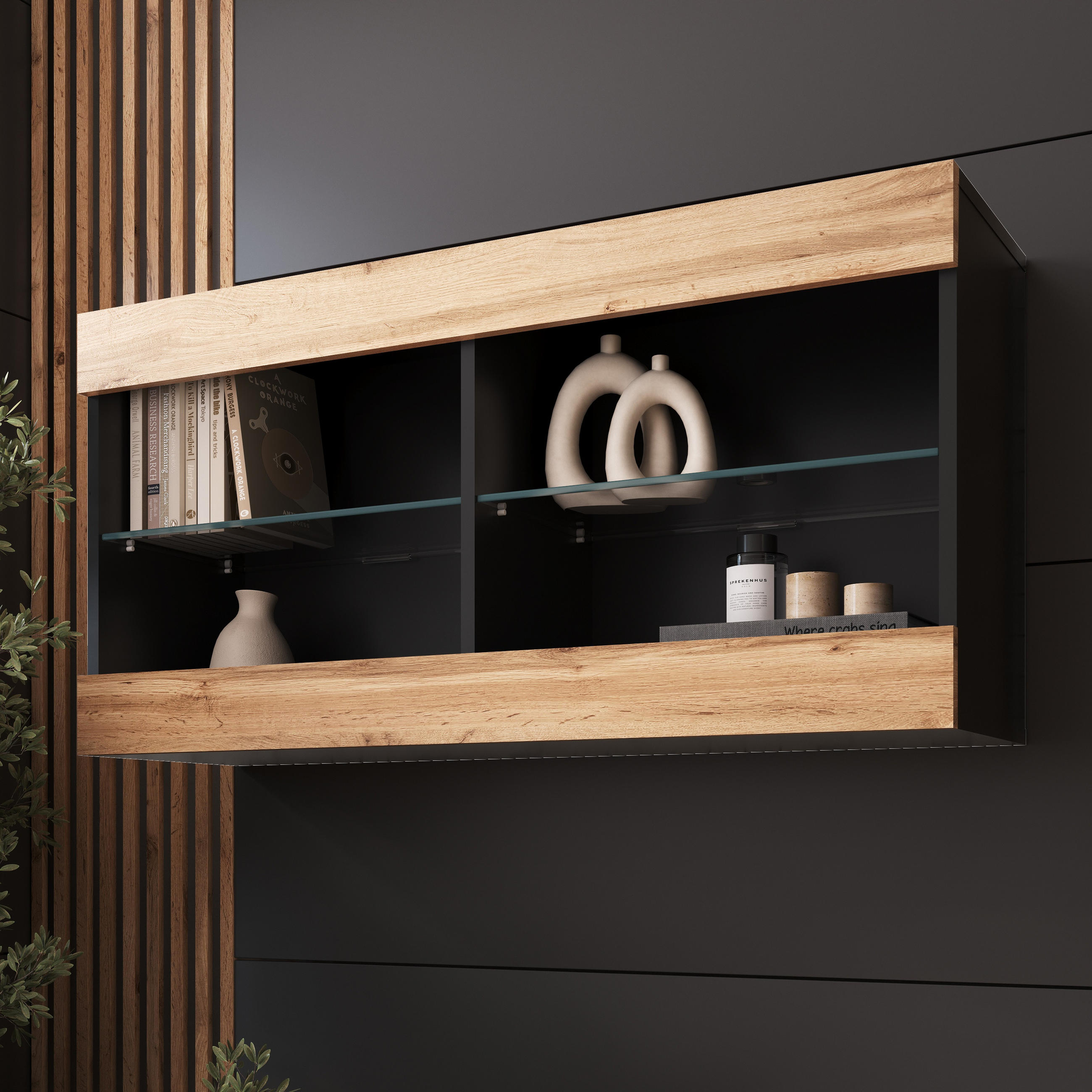 HÄNGEVITRINE TIVOLI HORIZONTAL 100, Wotan - Eiche Wotan/Schwarz, Glas/Holzwerkstoff (100/50/29.5cm) - Komodee