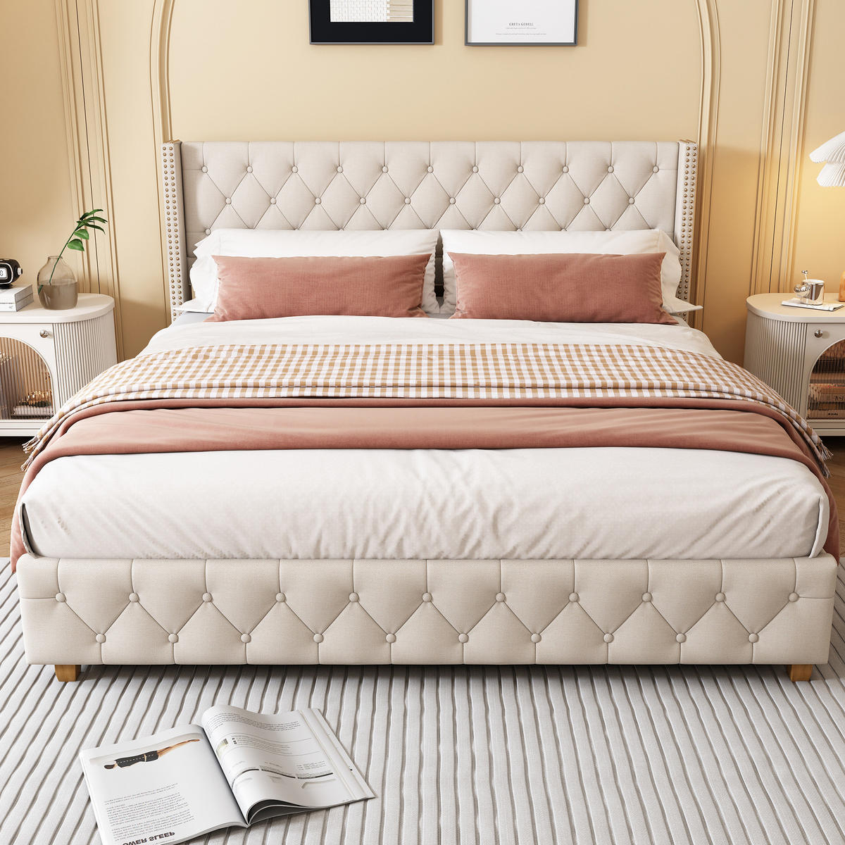 POLSTERBETT mit Lattenrost 160x200 cm Leinen Beige - Beige, Metall (160/200cm) - Beauniv