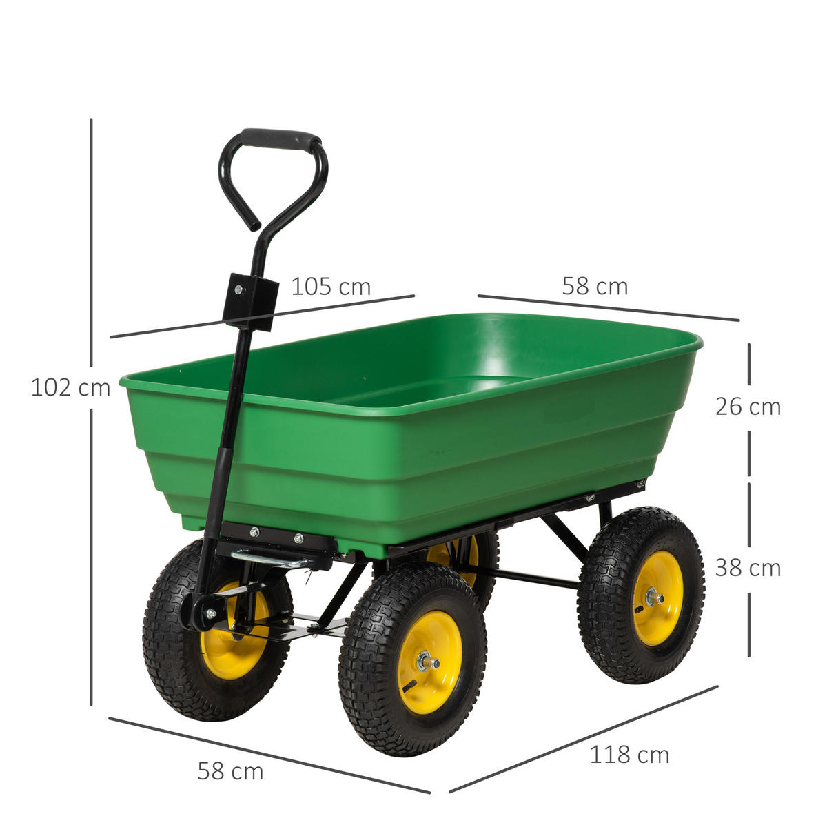 GARTENWAGEN DE-17573 125 L Kippmulde, 200 kg, 4 Luftreifen Gelb/Grün - Grün, Kunststoff (58/102/118cm) - ComfortXL