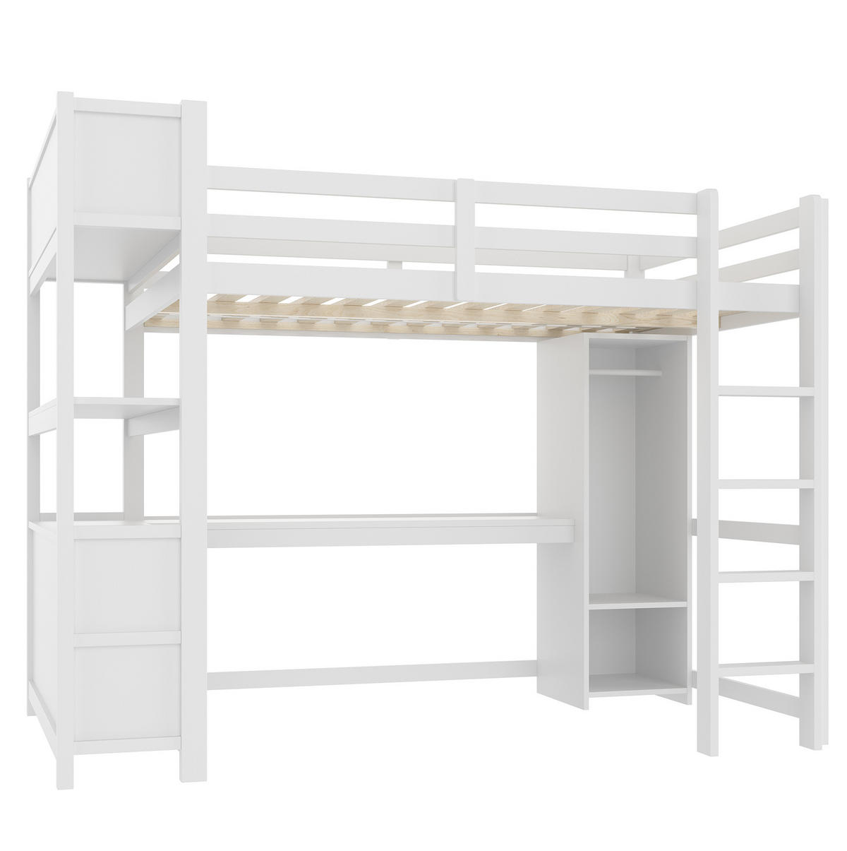 HOCHBETT 140/200 cm aus Kiefernholz und MDF mit Schreibtisch, Regalen und Kleiderschrank Weiß - Weiß, Holz (140/200cm) - Modenvie