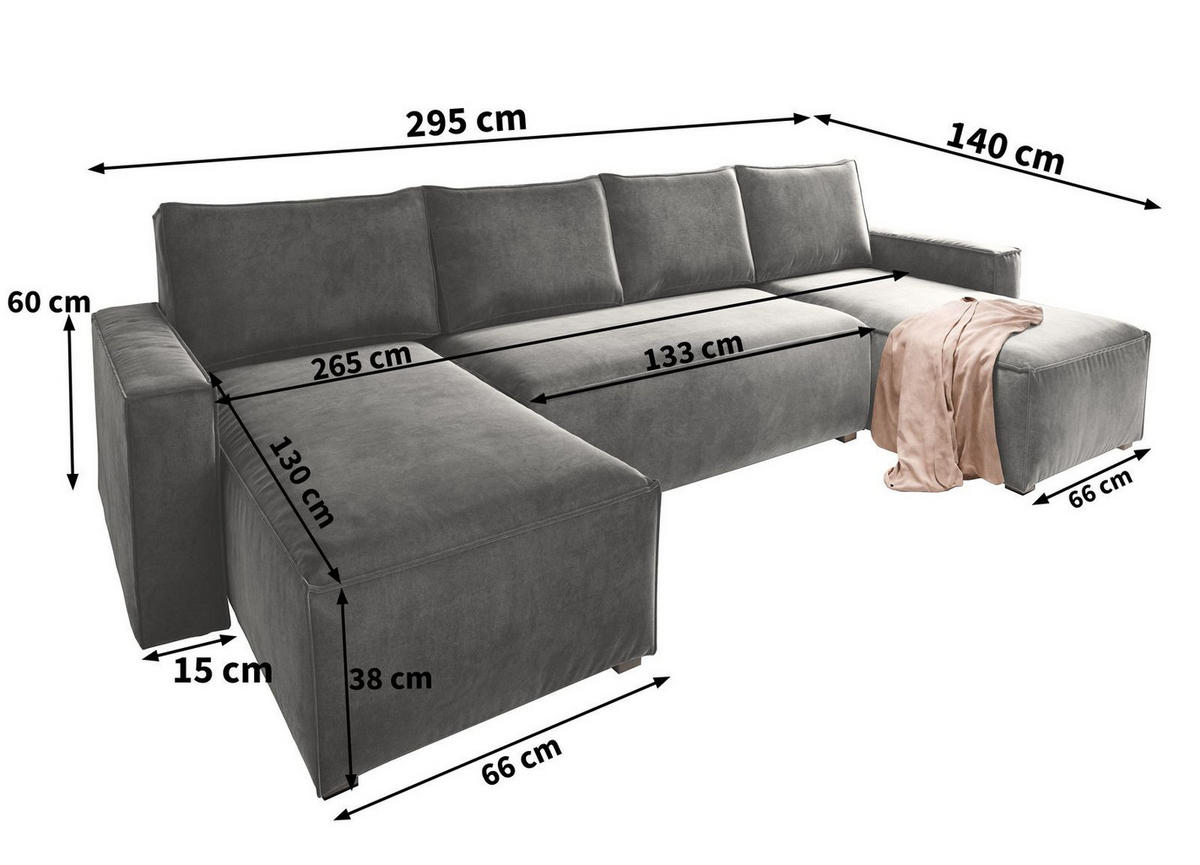 WOHNLANDSCHAFT DENI Creme Velours-Stoff mit Schlaffunktion - Creme, Holz (295/85/140cm) - MASSENO