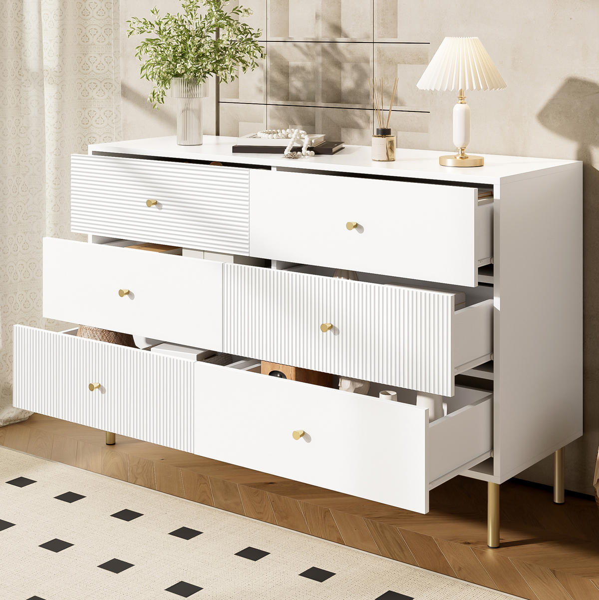 KOMMODE mit 6 Schubladen, MDF mit Stahlbeinen, 120/40/78 cm, Weiß - Weiß, Holzwerkstoff (40/78/120cm) - Redom