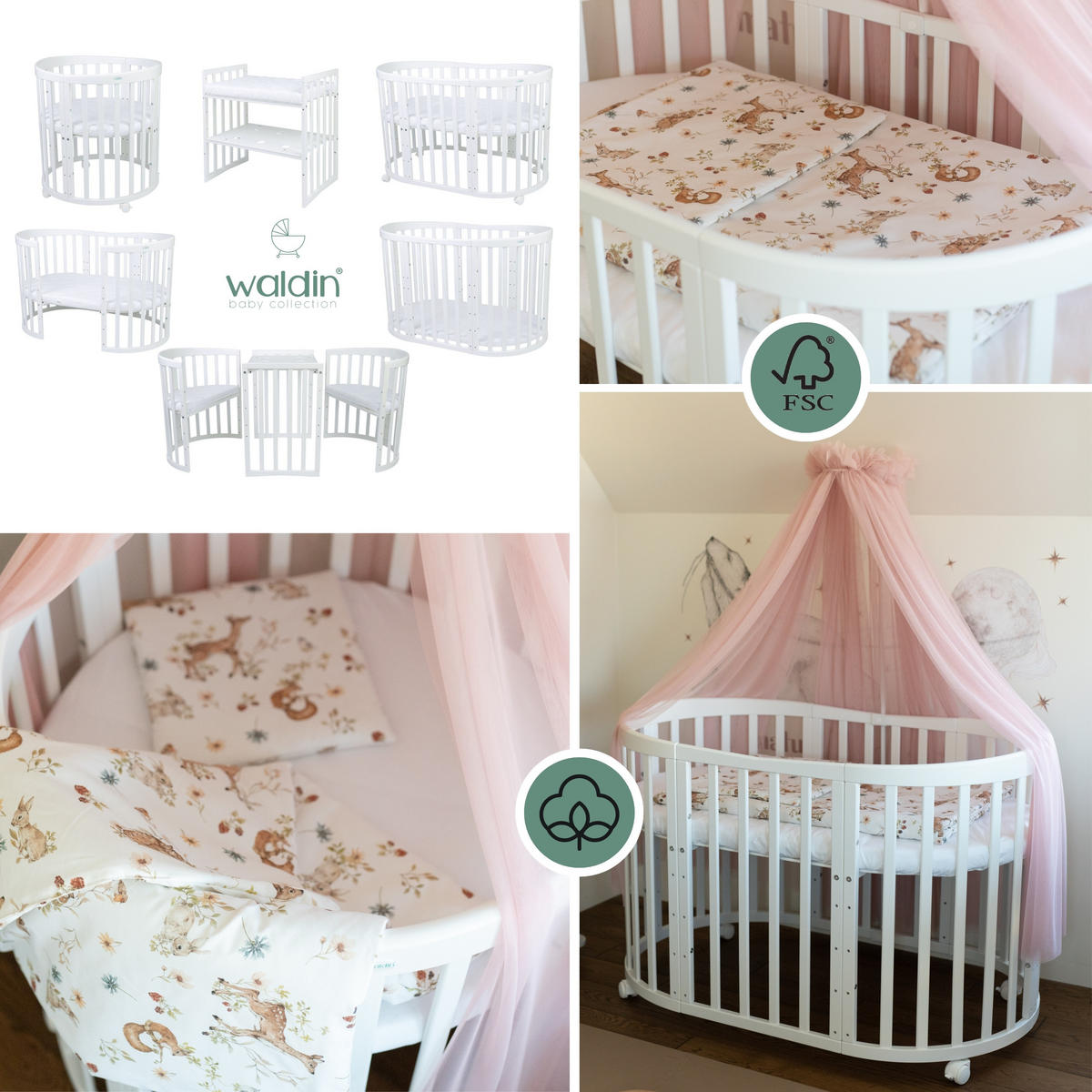 BABYBETT WHITE OVAL 7in1 mit Matratze und Himmelset - Weiß/Rosa, Holz/Textil