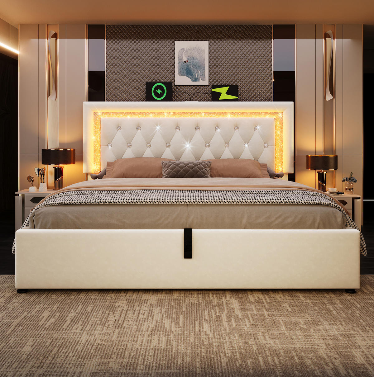 POLSTERBETT 140/200 cm mit LED-Beleuchtung, USB- und Type-C-Anschluss sowie hydraulischem Stauraum und Matratze, Beige - Beige, Textil (140/200cm) - Redom