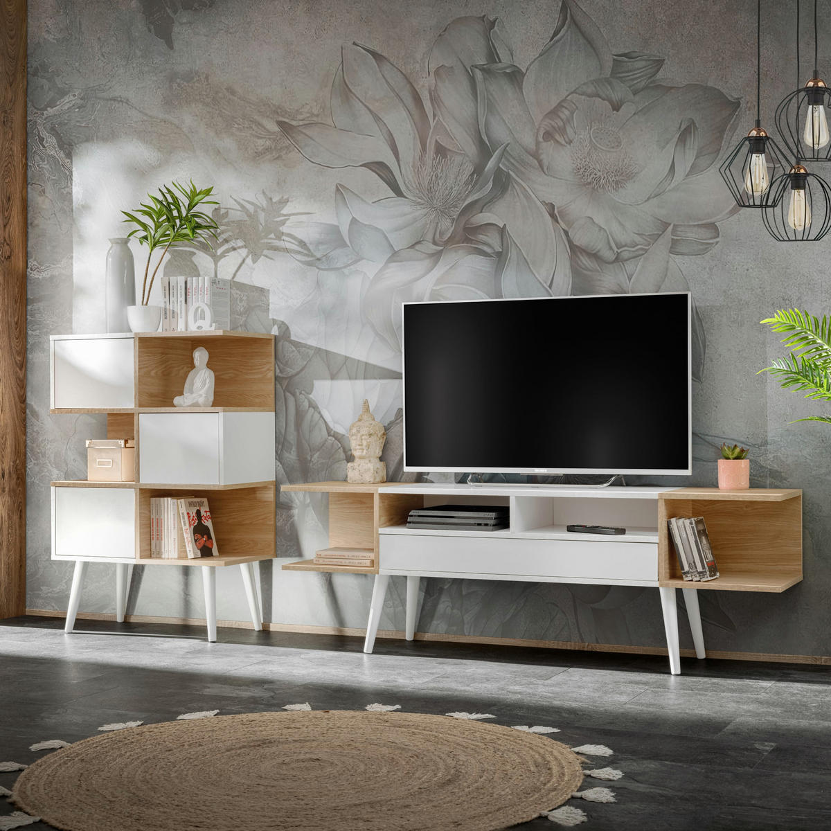 WOHNWAND FORIO, Sideboard und Lowboard, Eiche/Arktik Weiß - Eichefarben/Weiß, Holz/Holzwerkstoff (230/102/35cm) - Komodee