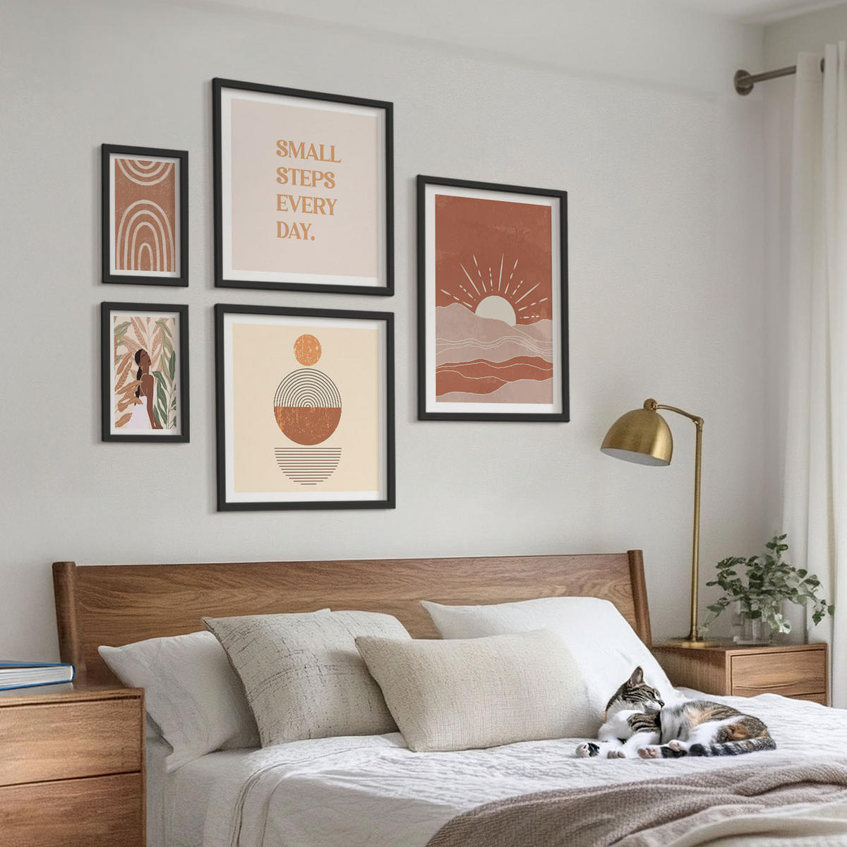 BILDER SET 5er Set - 50x50 cm & 20x30 cm & 40x60 cm Schwarzer Rahmen - Ein entspannter Buddha am Strand - Schwarz, Kunststoff (40/60cm) - TULUP