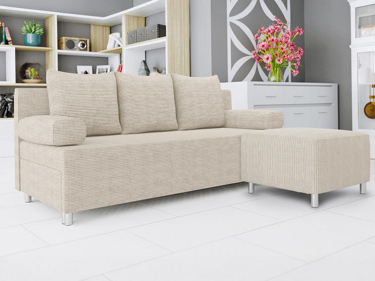 SCHLAFSOFA Dover Cord mit Polsterhocker - Chromfarben/Beige, Holz/Kunststoff (192/80cm) - MIRJAN24