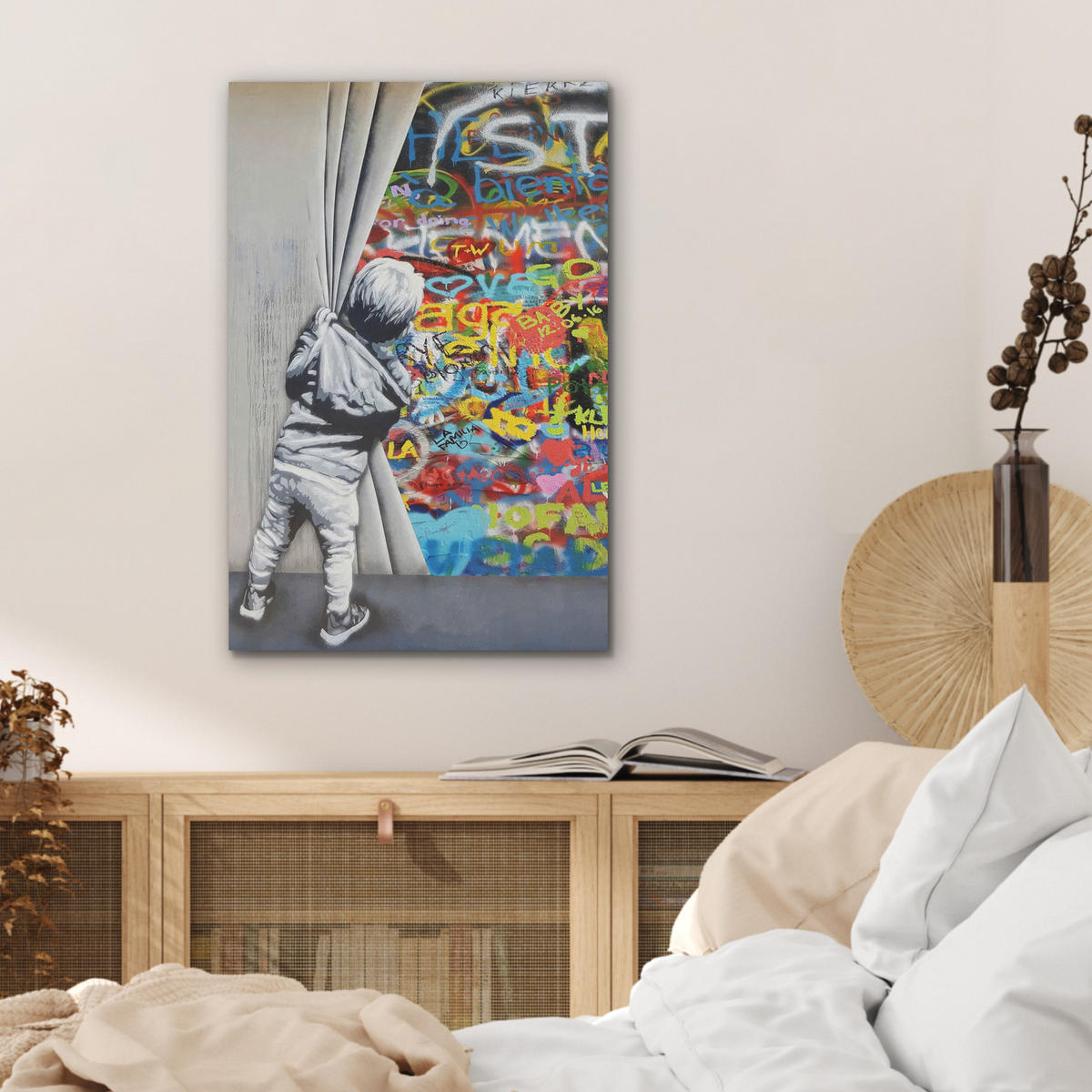 AKUSTIKBILD Graffiti - Junge - Ilussie - Straßenkunst Kunstdruck Schlafzimmer 50x70 cm - Hellgrau, Kunststoff (50/70/0.9cm) - MuchoWow