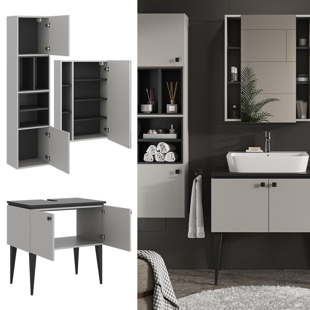 BADMÖBEL-SET Gerta Grau 3 Teile, Hängeschrank 2 Türen - Schwarz/Grau, Holzwerkstoff (80/79/50cm) - Vicco