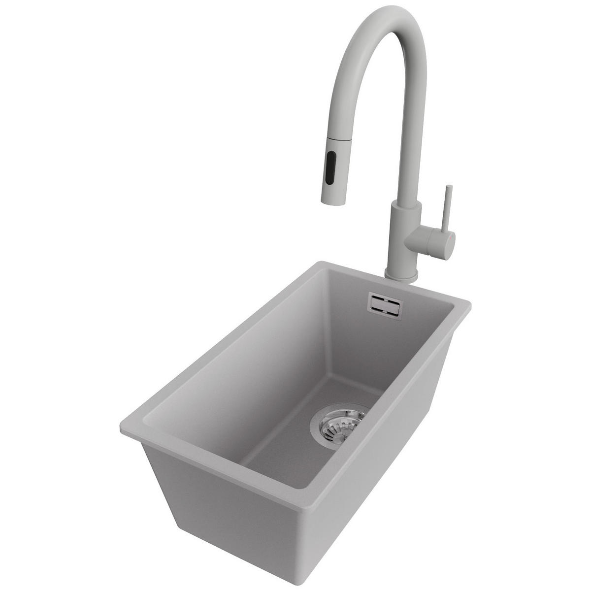 GRANITSPÜLE London Slim, 2-er set Grau 26/47 cm 1 Becken + Küchenarmatur 40/20 cm + Ablauf-Set ab 30er Unterschrank - Chromfarben/Grau, Kunststoff (26/20/47cm) - Primagran