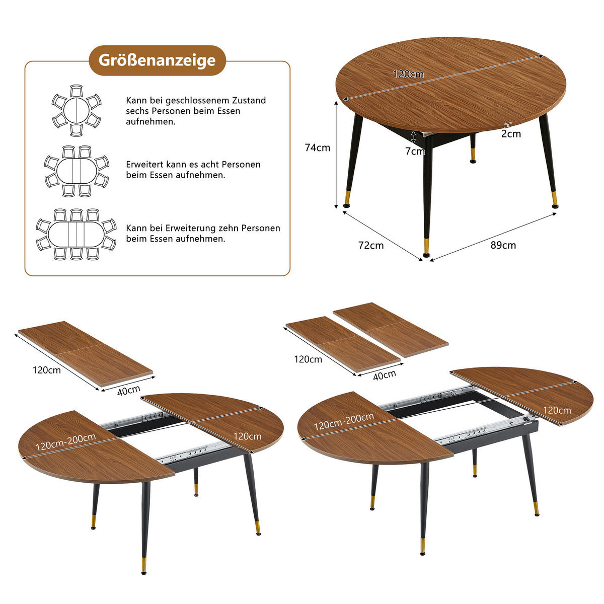 AUSZIEHTISCH Walnussoptik Schwarz 160-200/120/74 cm - Schwarz, Holz (120/200/73.66cm) - PANGIVO
