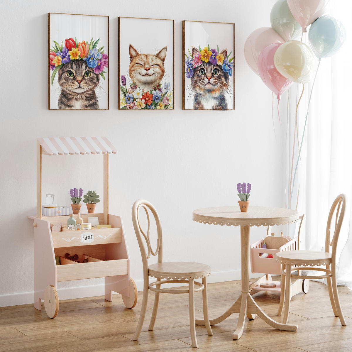 POSTER SET für Kinderzimmer KATZEN Blumen Tiere Pflanzen 3x Poster A3 30x42cm - Beige/Rot, Papier (30/42/1cm) - Muralo