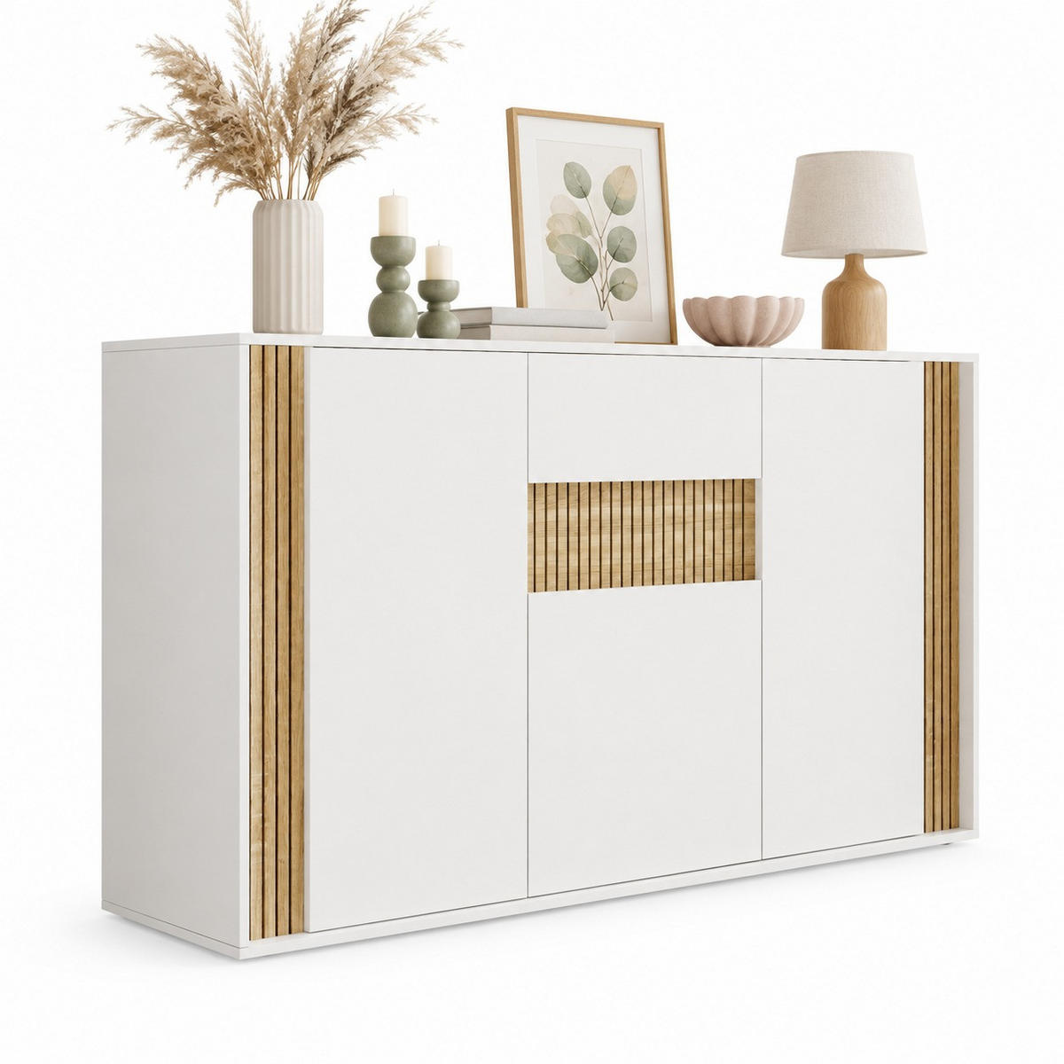 SIDEBOARD in Weiß und Natur 140x40x82 cm mit 3 Türen, Schublade und LED-Beleuchtung - Weiß, Holzwerkstoff (40/82/140cm) - IVMEU