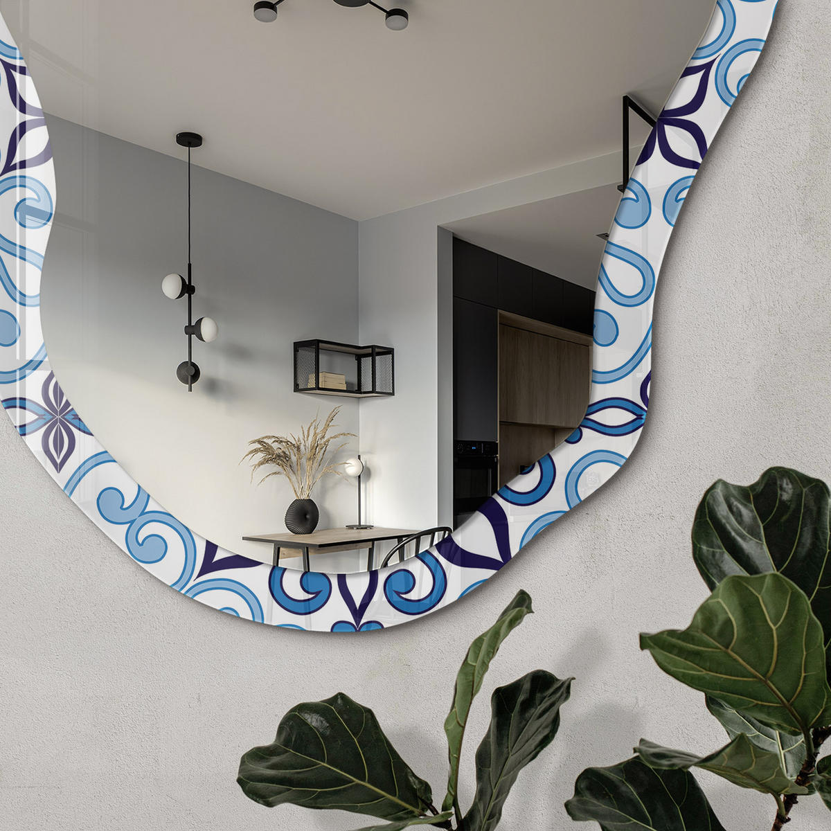 SPIEGEL 90x45 cm asymmetrisch mit Druck - Blauer Schmuck - Transparent, Glas (45/90/0.4cm) - TULUP