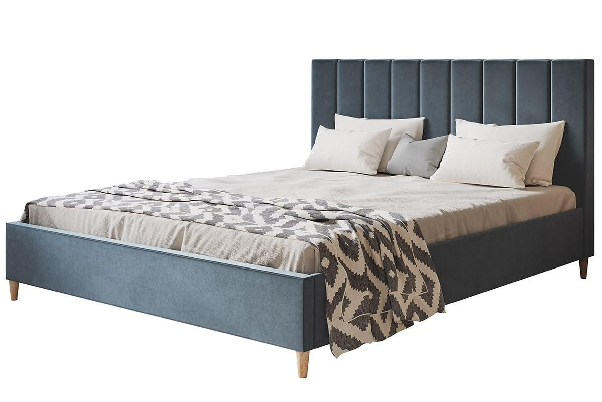 POLSTERBETT LUX Tokio mit Kopfteil, 120 x 200 cm, Doppelbett mit Lattenrost aus Holz, Velourstoff Blau, Füße in Farbe: Braun - Blau, Holz/Textil (120/200cm) - Alpi-Möbel
