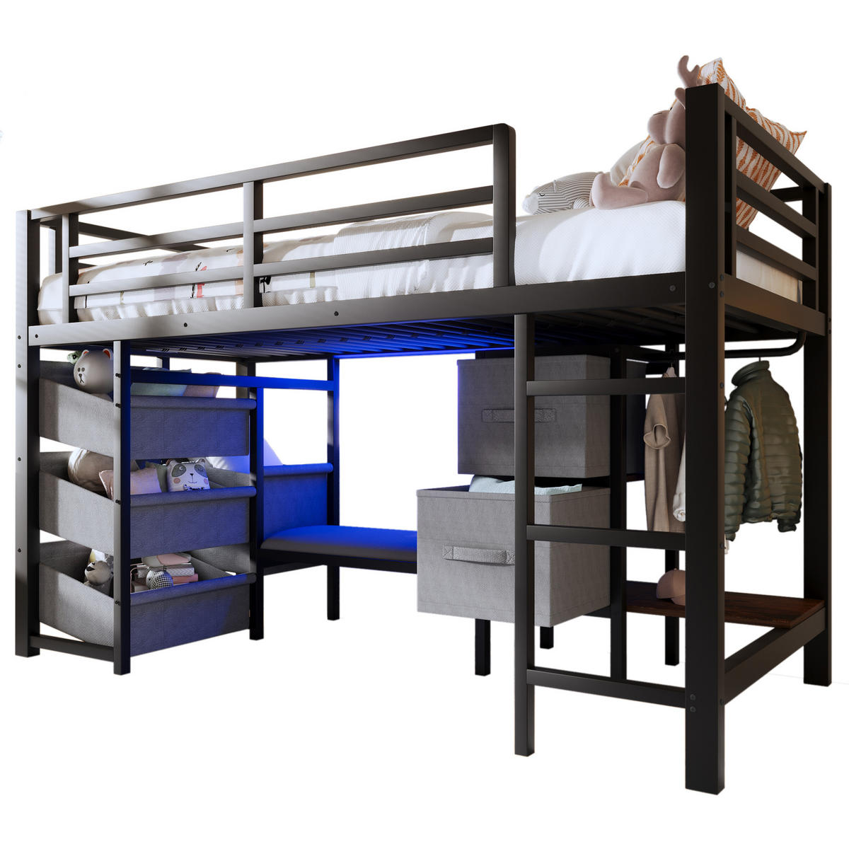 HALBHOHES BETT 90x200cm Schwarz Metall LED-Licht Sitzkissen - Schwarz, Metall (90/200cm) - FLIEKS